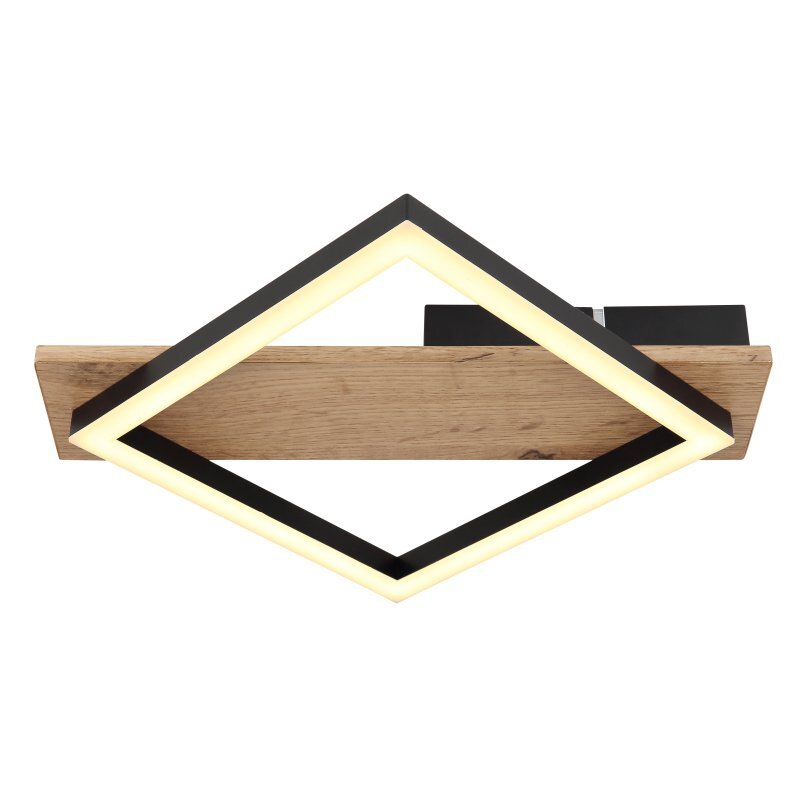 Lampa sufitowa LED w kształcie rombu z czarną matową ramą i elementem z ciemnego drewna. Światło emituje ciepłą barwę.