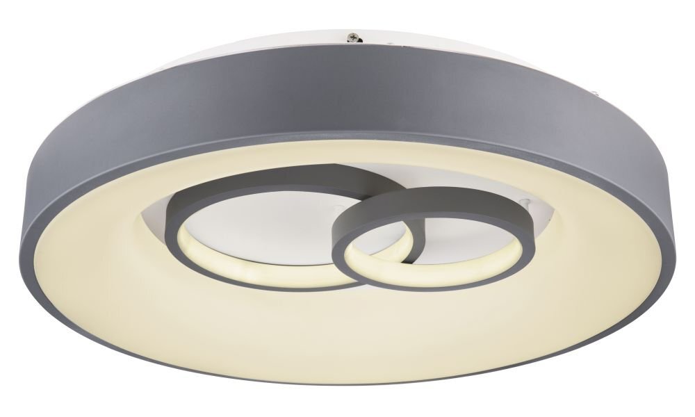Okrągły plafon LED w kolorach szaro-białym z dwoma koncentrycznymi pierścieniami świetlnymi. Produkt ma nowoczesny design i jest przeznaczony do montażu sufitowego.