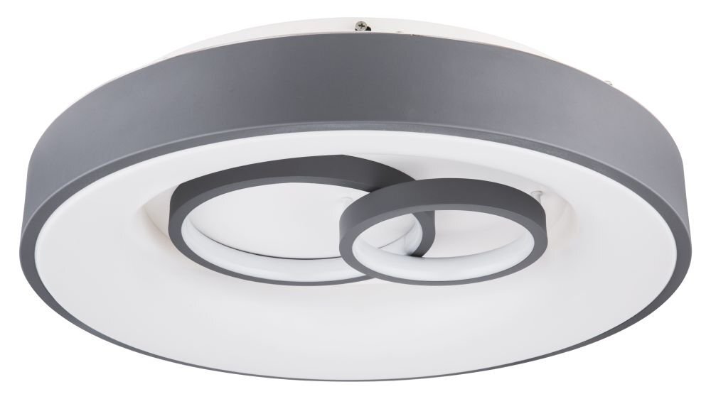 Na obrazie widoczny jest okrągły plafon LED w kolorach szarym i białym, z dwoma koncentrycznymi pierścieniami. Plafon ma nowoczesny design i jest przeznaczony do montażu sufitowego.