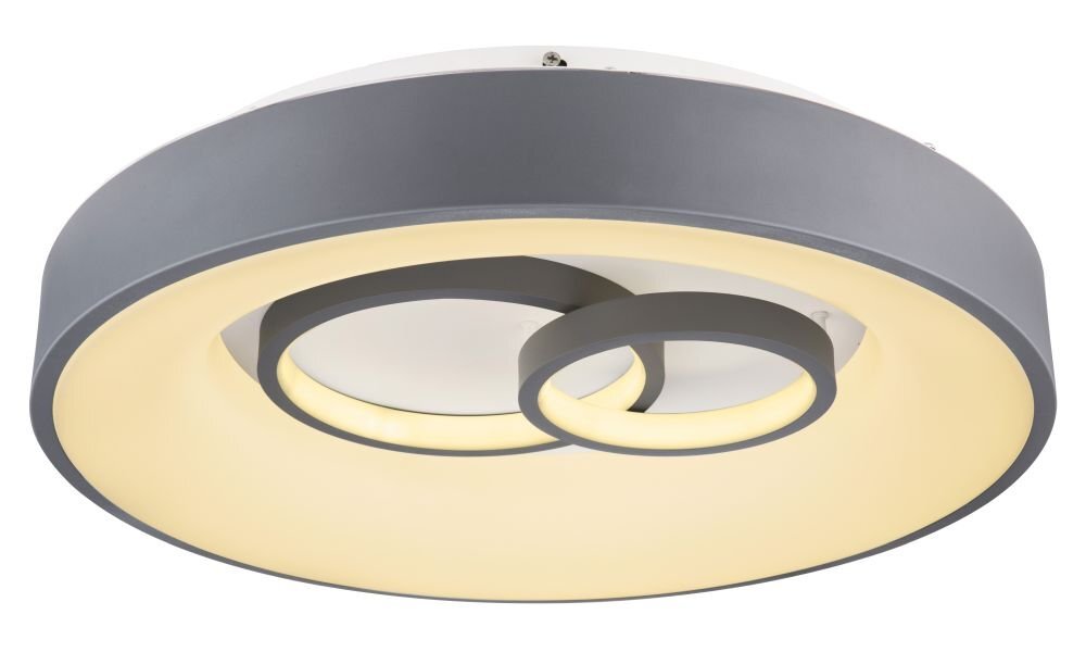 Na obrazie widoczny jest okrągły plafon LED w kolorach szarym i białym, z dwoma koncentrycznymi pierścieniami emitującymi światło. Plafon ma nowoczesny design i jest przeznaczony do montażu sufitowego.