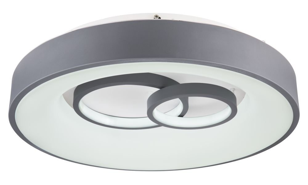 Na obrazie widoczny jest okrągły plafon LED w kolorach szarym i białym, z dwoma koncentrycznymi pierścieniami. Plafon ma nowoczesny design i jest przeznaczony do montażu sufitowego.