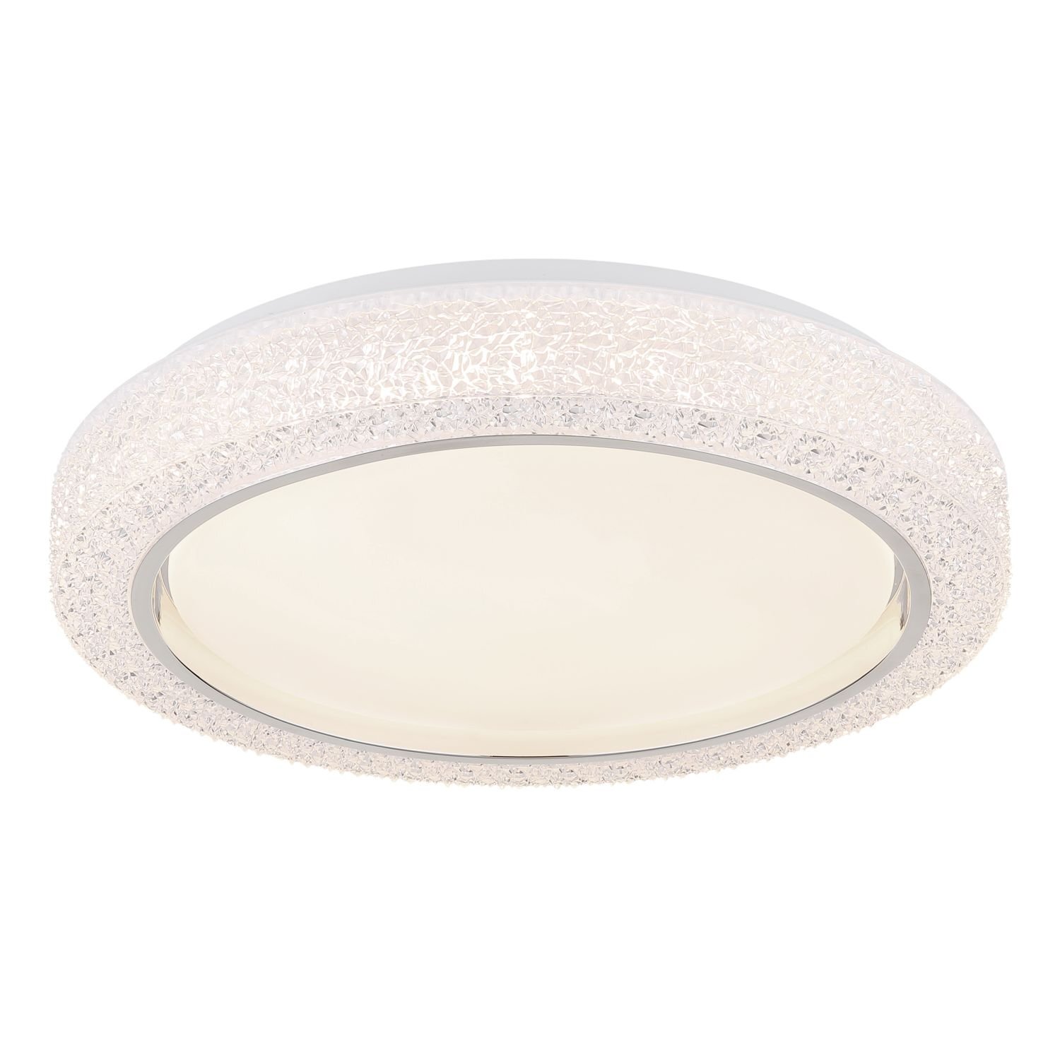 Okrągła lampa sufitowa LED z dekoracyjnym, przezroczystym brzegiem o fakturze przypominającej kryształki. Środek lampy jest gładki i jednolicie oświetlony.