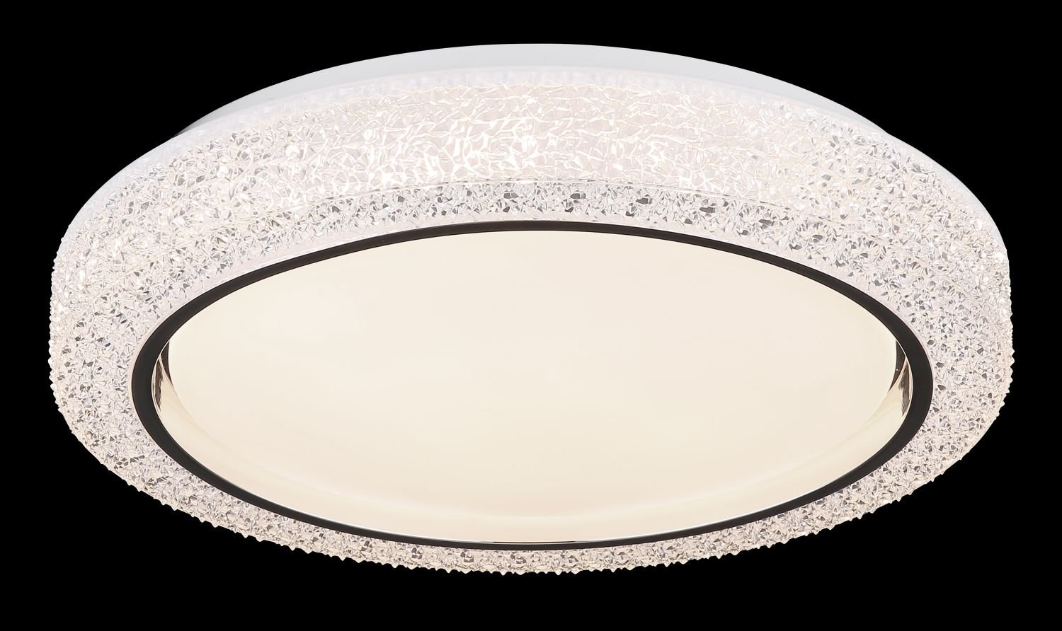 Okrągła lampa sufitowa LED z dekoracyjnym, przezroczystym brzegiem o fakturze przypominającej kryształki. Środek lampy jest gładki i jednolicie oświetlony.