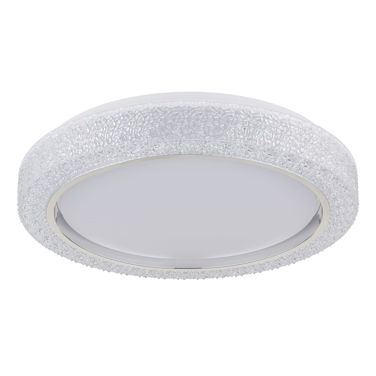 Na obrazie widoczna jest okrągła lampa sufitowa LED z ozdobnym, przezroczystym brzegiem o fakturze przypominającej kryształki. Środek lampy jest gładki i jednolicie biały.