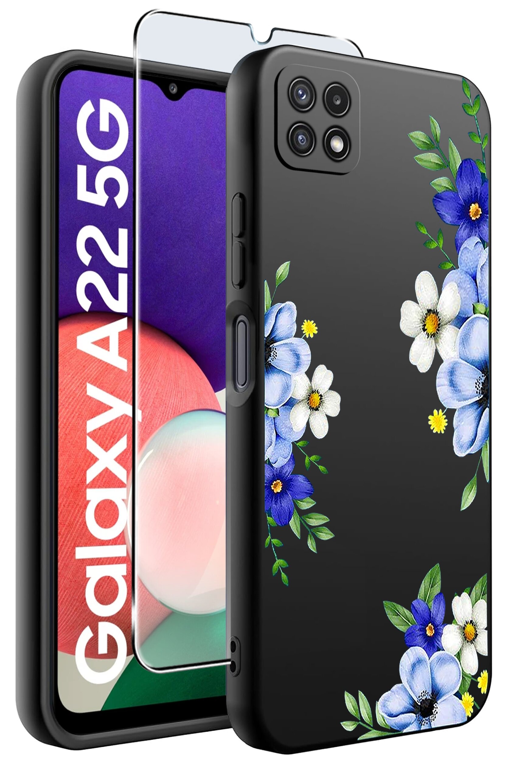 Obraz przedstawia czarne etui na telefon z kwiatowym wzorem w kolorach niebieskim, białym i zielonym. Obok etui znajduje się szkło ochronne, a na ekranie telefonu widoczny jest napis \'Galaxy A22 5G\'.