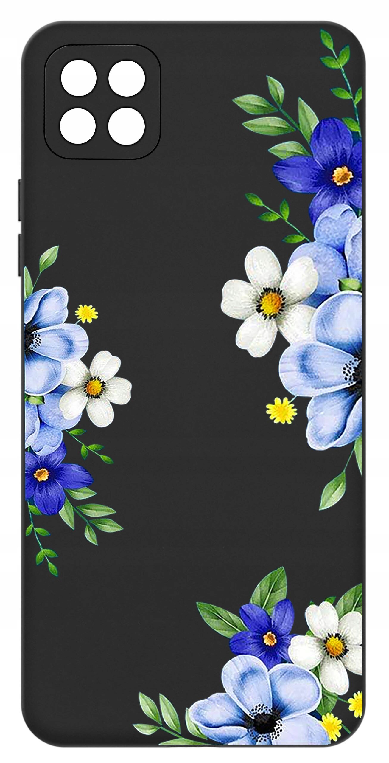 Czarne etui na telefon z kolorowym wzorem kwiatów w odcieniach niebieskiego, białego i żółtego. W górnym rogu znajduje się wycięcie na aparat z czterema okrągłymi otworami.