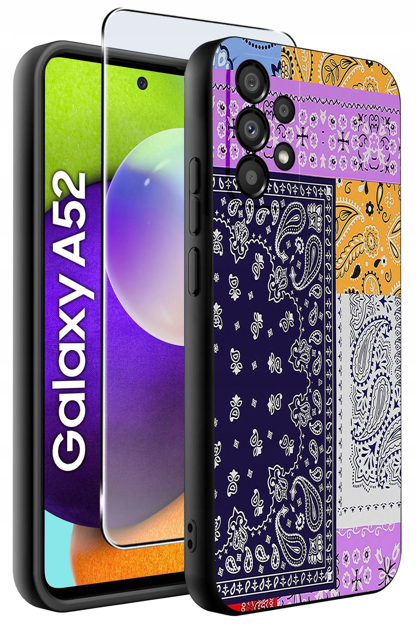 Obraz przedstawia etui na telefon Samsung Galaxy A52 z kolorowym wzorem paisley w odcieniach fioletu, pomarańczu i granatu. Obok etui znajduje się szkło ochronne na ekran, a na ekranie telefonu widoczny jest napis \'Galaxy A52\'.
