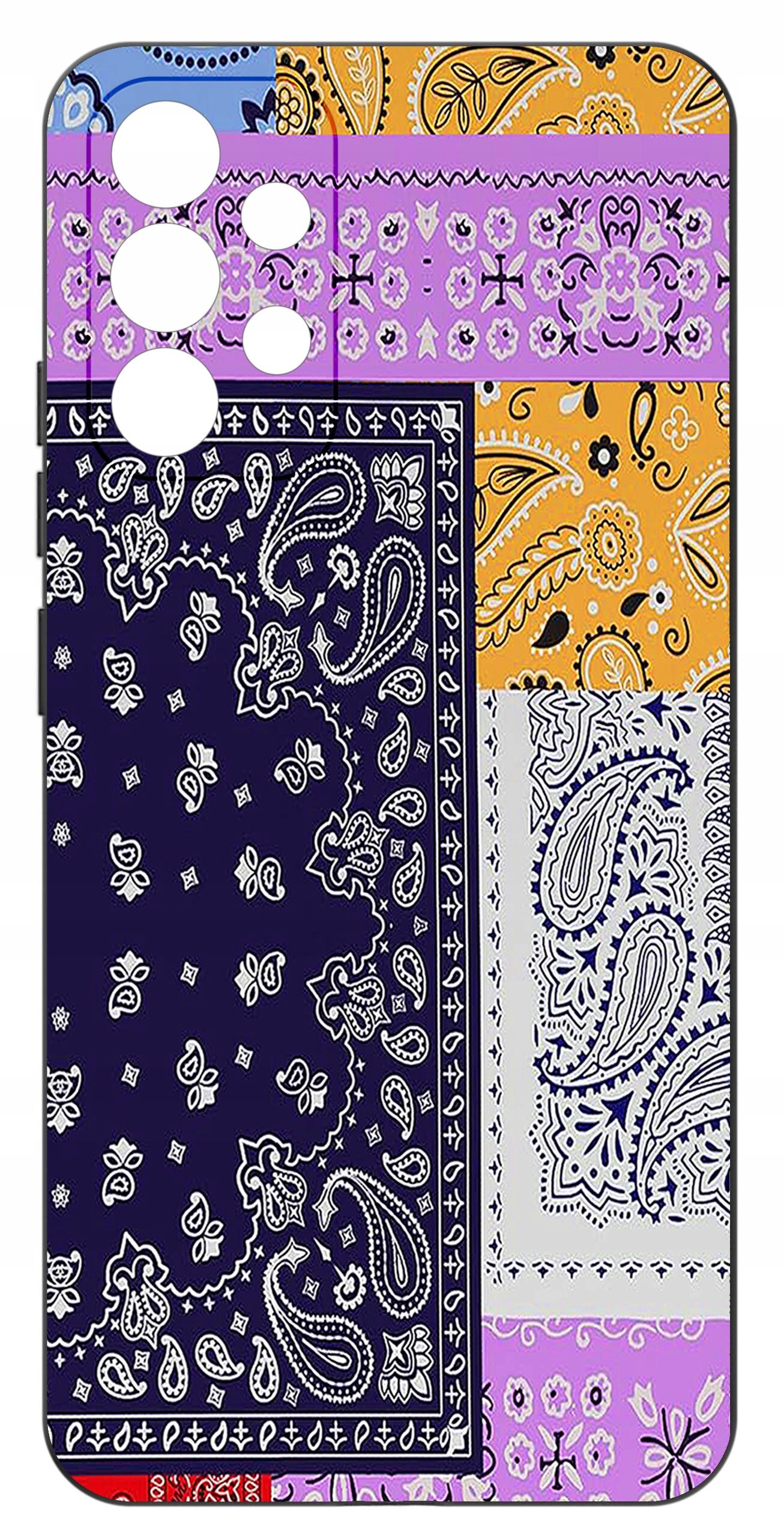 Etui na telefon z kolorowym wzorem paisley i kwiatowymi motywami w odcieniach fioletu, pomarańczu, granatu i bieli. Przeznaczone dla modelu Samsung A32 4G.
