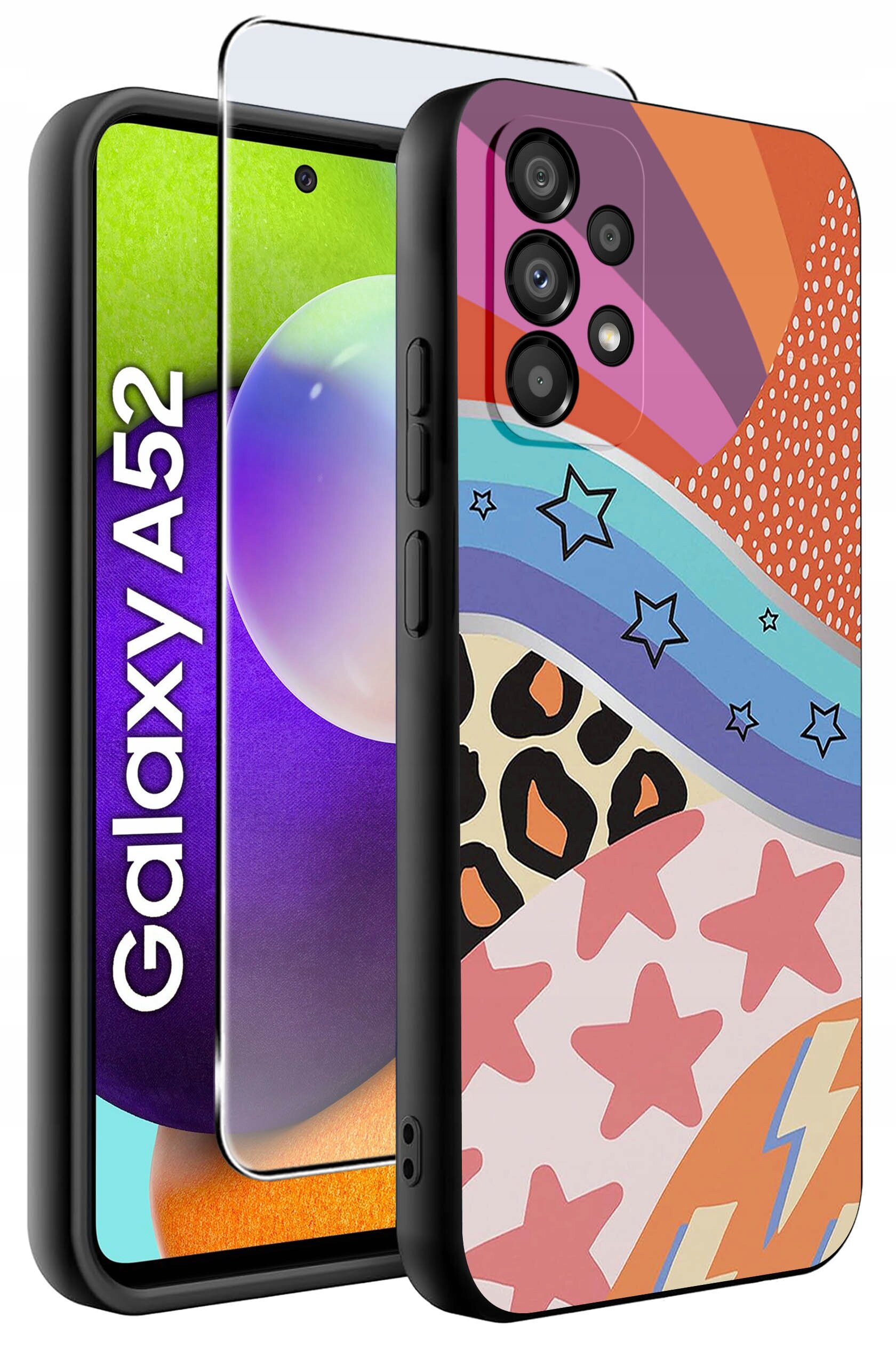 Obraz przedstawia kolorowe etui na telefon z wzorami gwiazd, pasków i kształtów zwierzęcych. Obok etui widoczny jest napis \'Galaxy A52\'.
