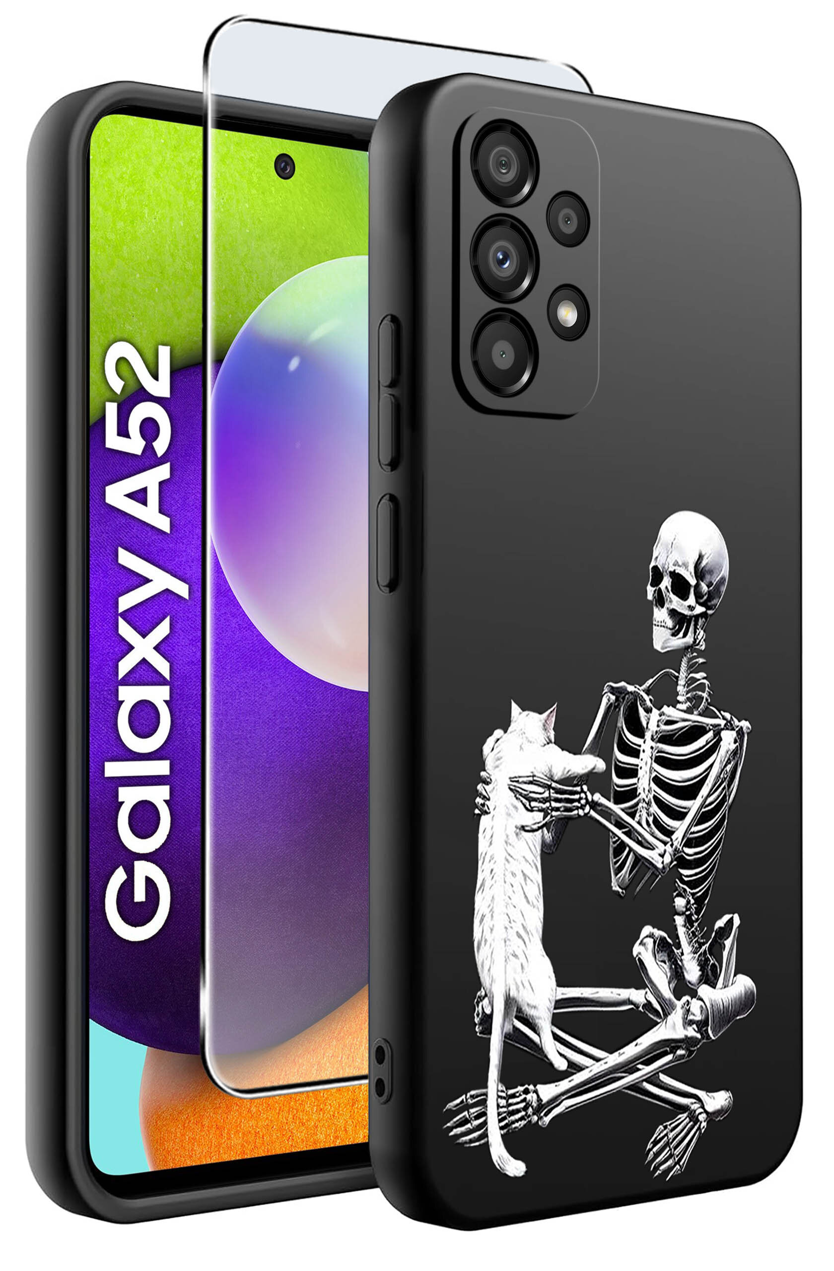 Czarne etui na telefon z nadrukiem szkieletu trzymającego kota, obok znajduje się szkło ochronne na ekran. Na ekranie telefonu widoczny jest napis \'Galaxy A52\'.