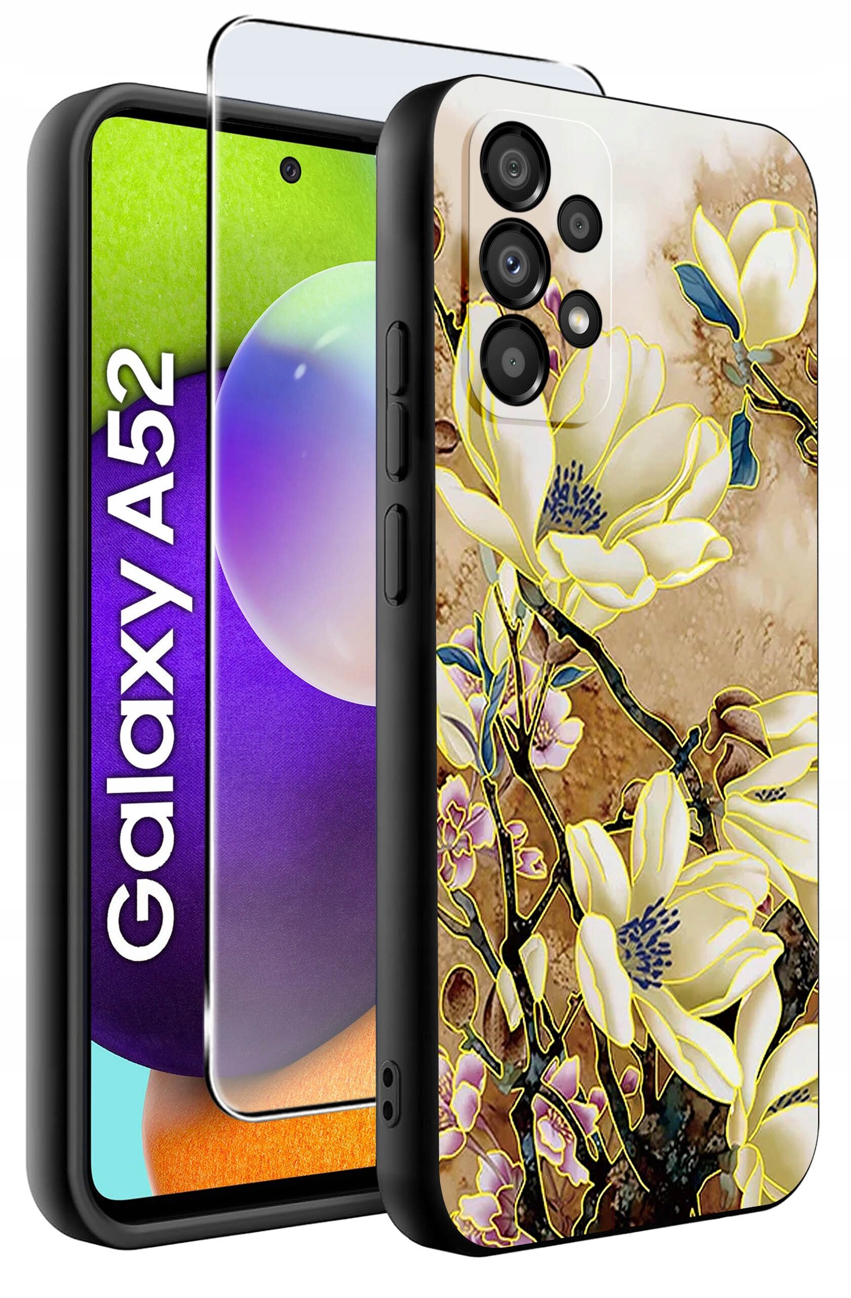 Obraz przedstawia etui na telefon z motywem kwiatowym oraz szkło ochronne. Na ekranie telefonu widoczny jest napis \'Galaxy A52\'.