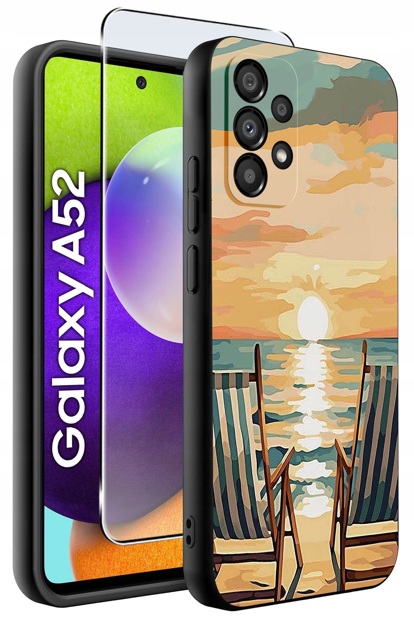 Etui na telefon z nadrukiem przedstawiającym zachód słońca nad morzem z dwoma leżakami. Obok widoczny jest telefon z napisem \'Galaxy A52\'.