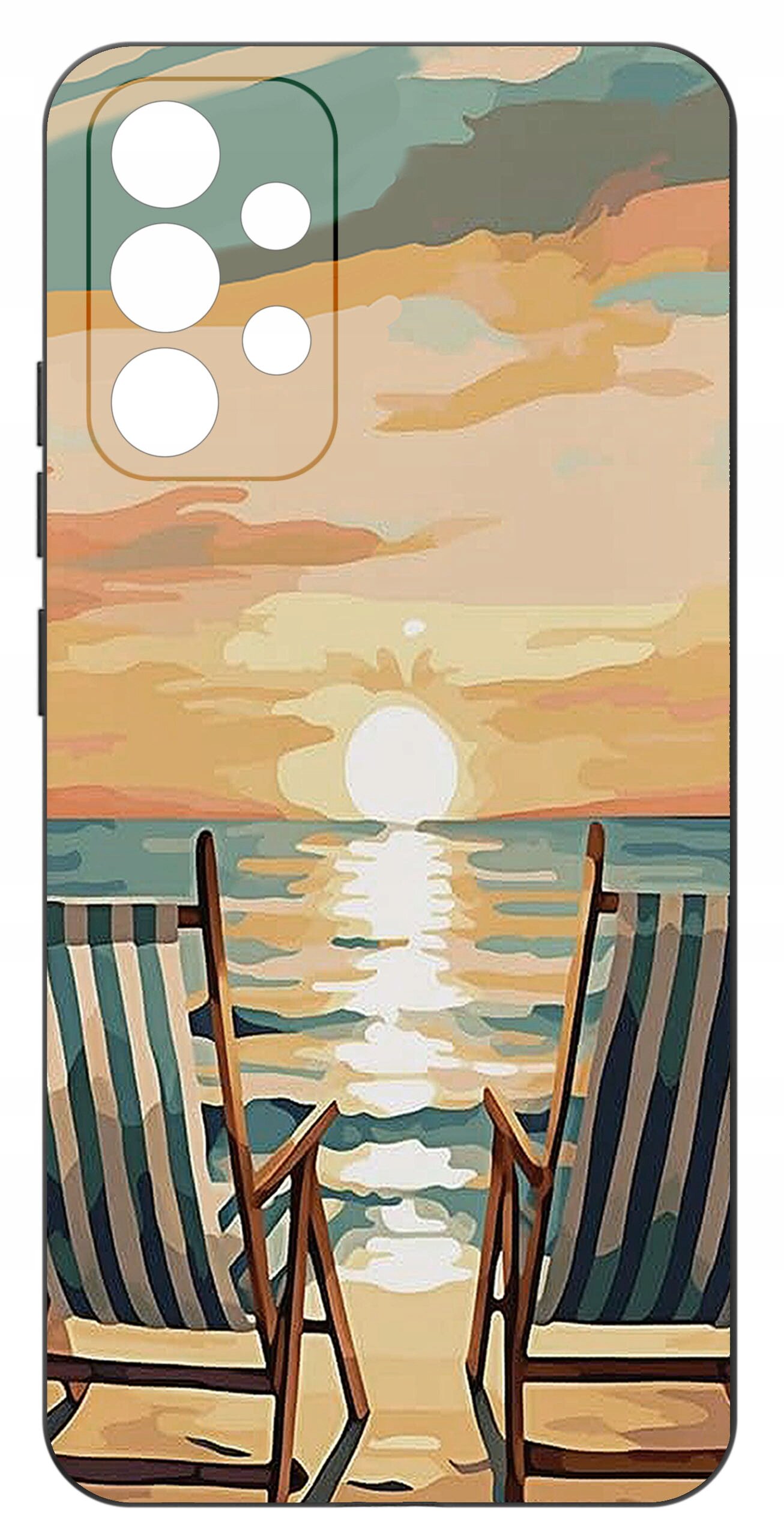 Etui na telefon z nadrukiem przedstawiającym dwa leżaki na plaży z widokiem na zachód słońca nad morzem. Kolory są pastelowe, dominują odcienie pomarańczowego, niebieskiego i zielonego.