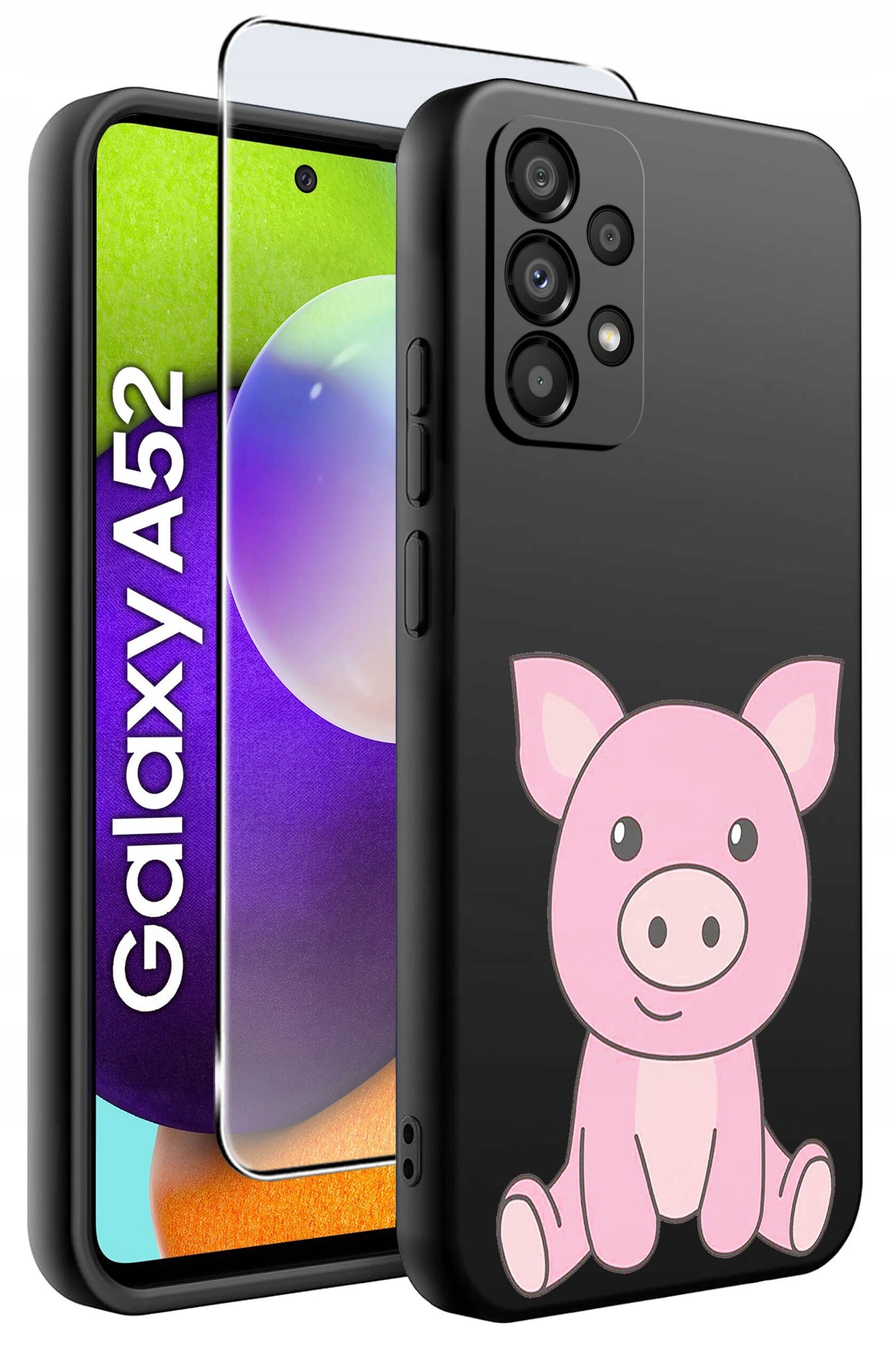 Obraz przedstawia czarne etui na telefon z nadrukiem różowej świnki oraz szkło ochronne. Na ekranie telefonu widoczny jest napis \'Galaxy A52\'.