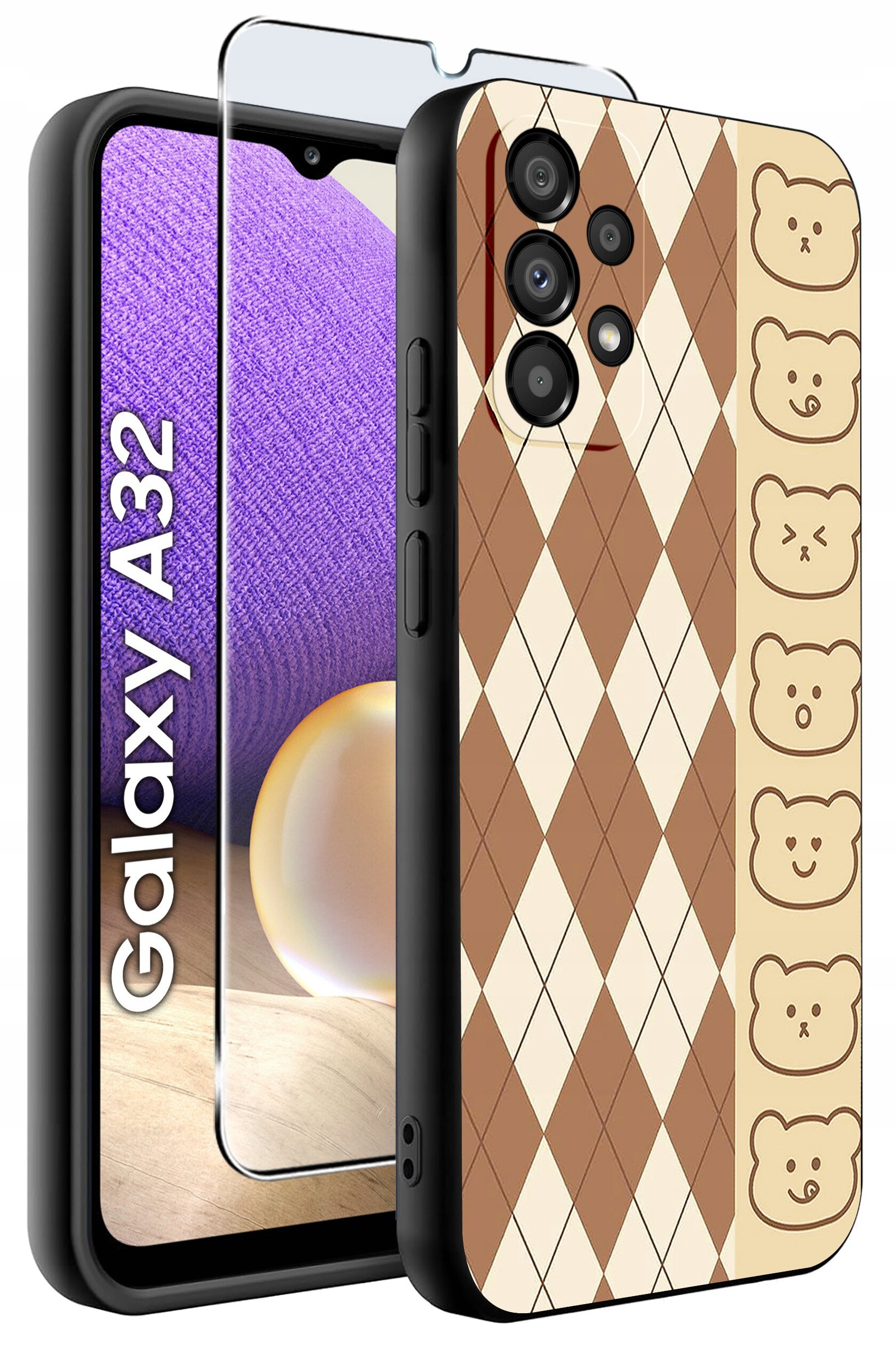 Etui do telefonu z wzorem w romby i rysunkami misiów na brązowym tle, obok znajduje się szkło ochronne. Na ekranie telefonu widoczny jest napis \'Galaxy A32\'.