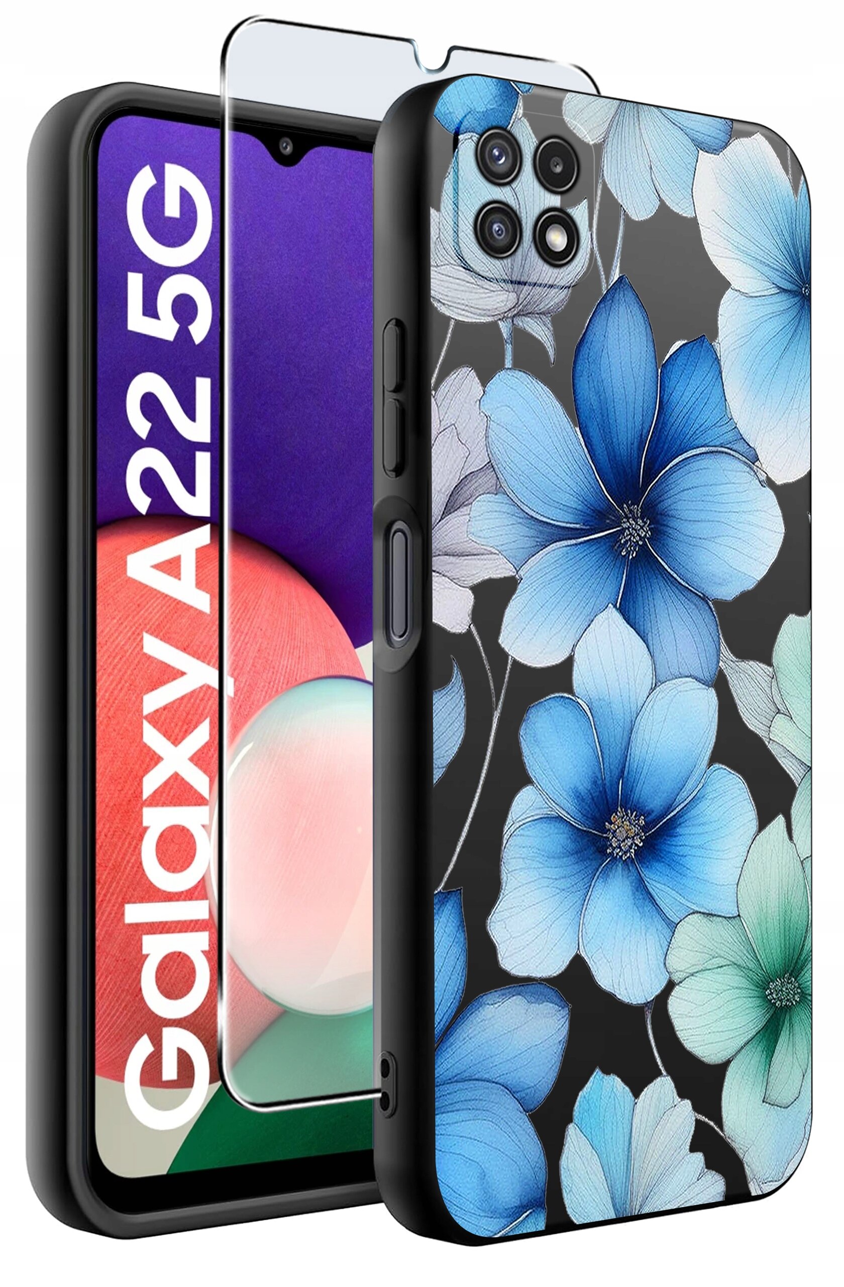 Obraz przedstawia etui na telefon z motywem niebieskich kwiatów oraz szkło ochronne. Na ekranie telefonu widoczny jest napis \'Galaxy A22 5G\'.