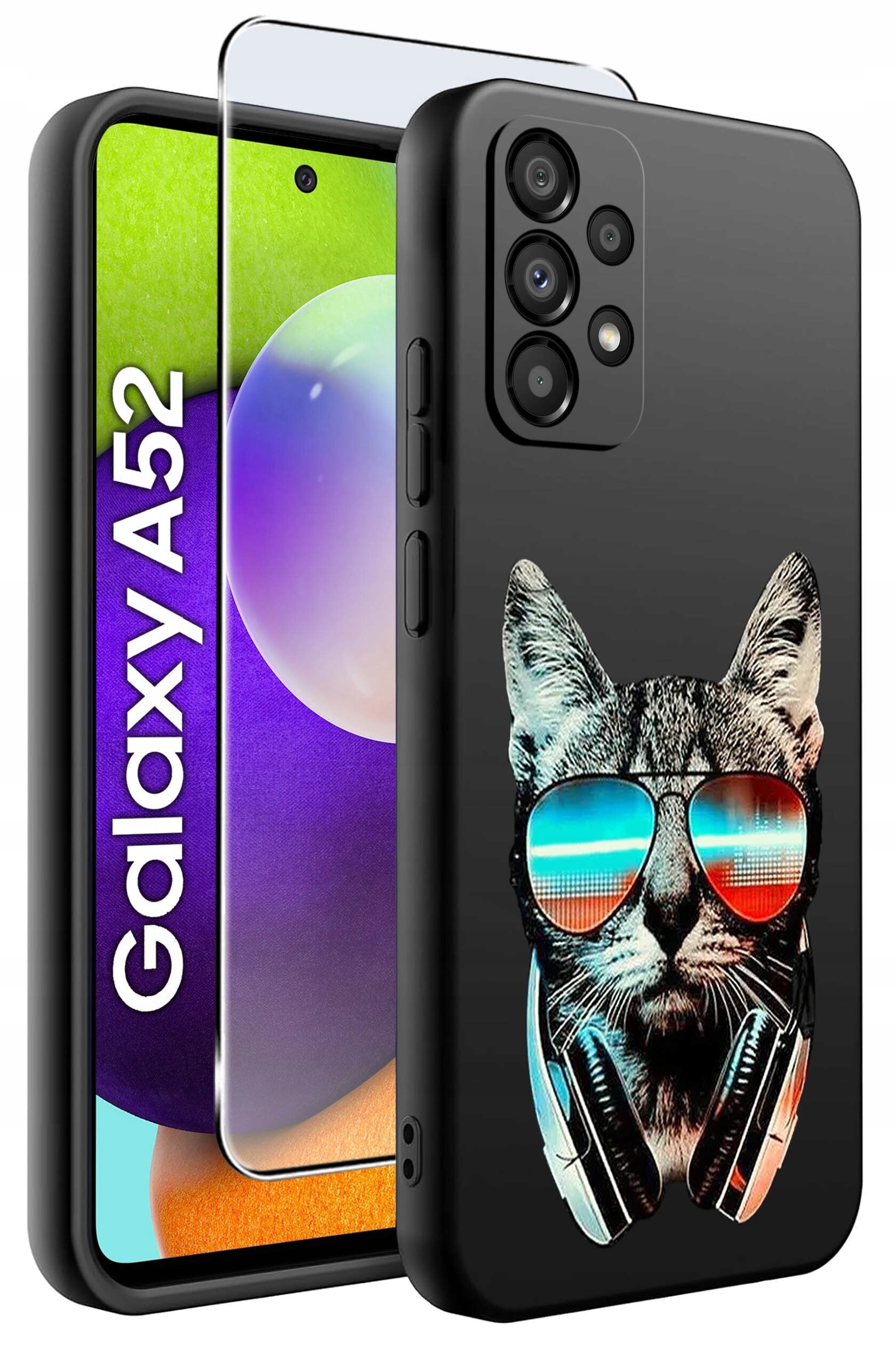 Obraz przedstawia etui na telefon z nadrukiem kota w okularach przeciwsłonecznych i słuchawkach. Obok widoczny jest telefon z napisem \'Galaxy A52\'.