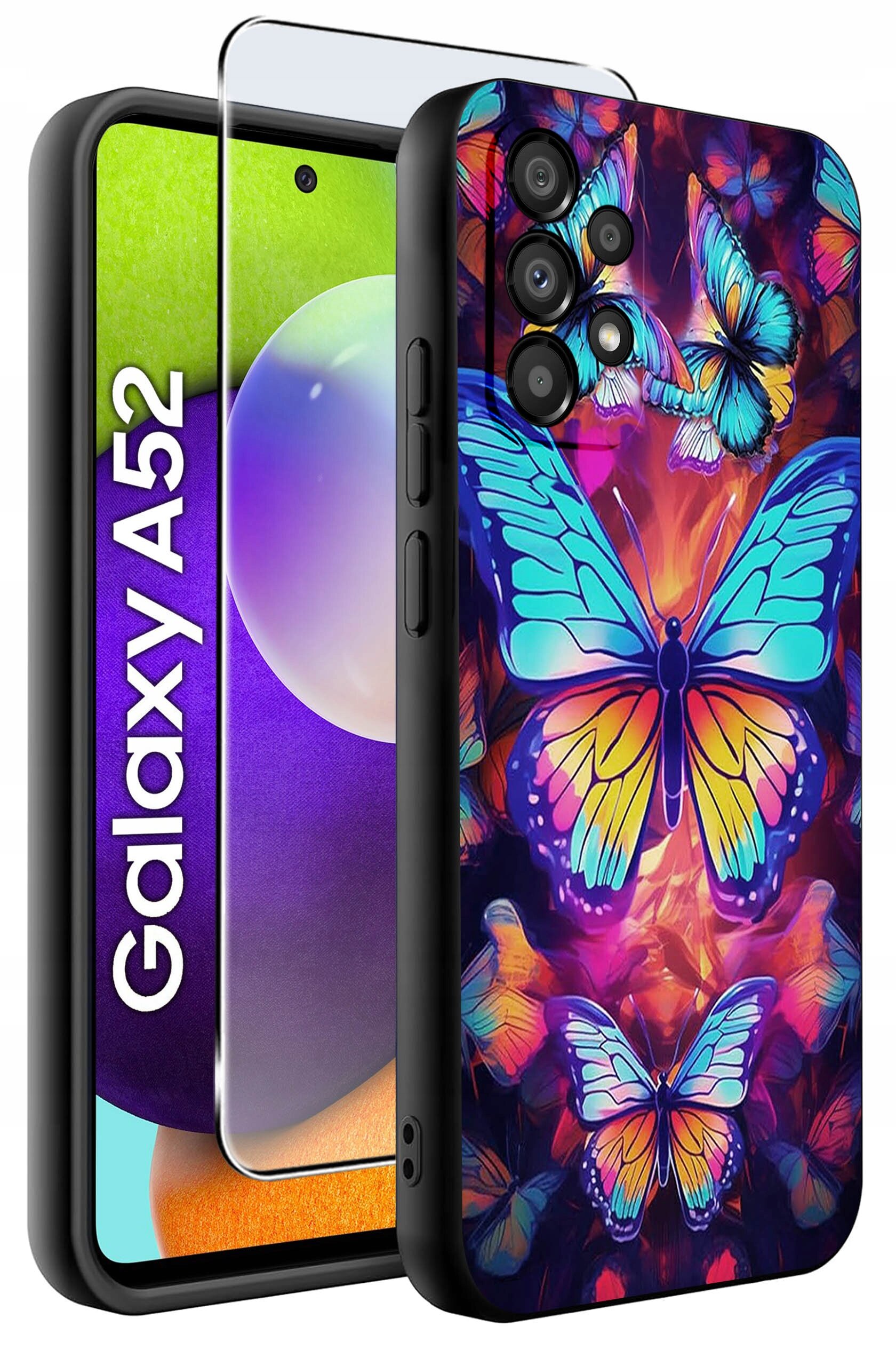 Etui na telefon z kolorowym wzorem motyli, obok widoczny napis \'Galaxy A52\'.