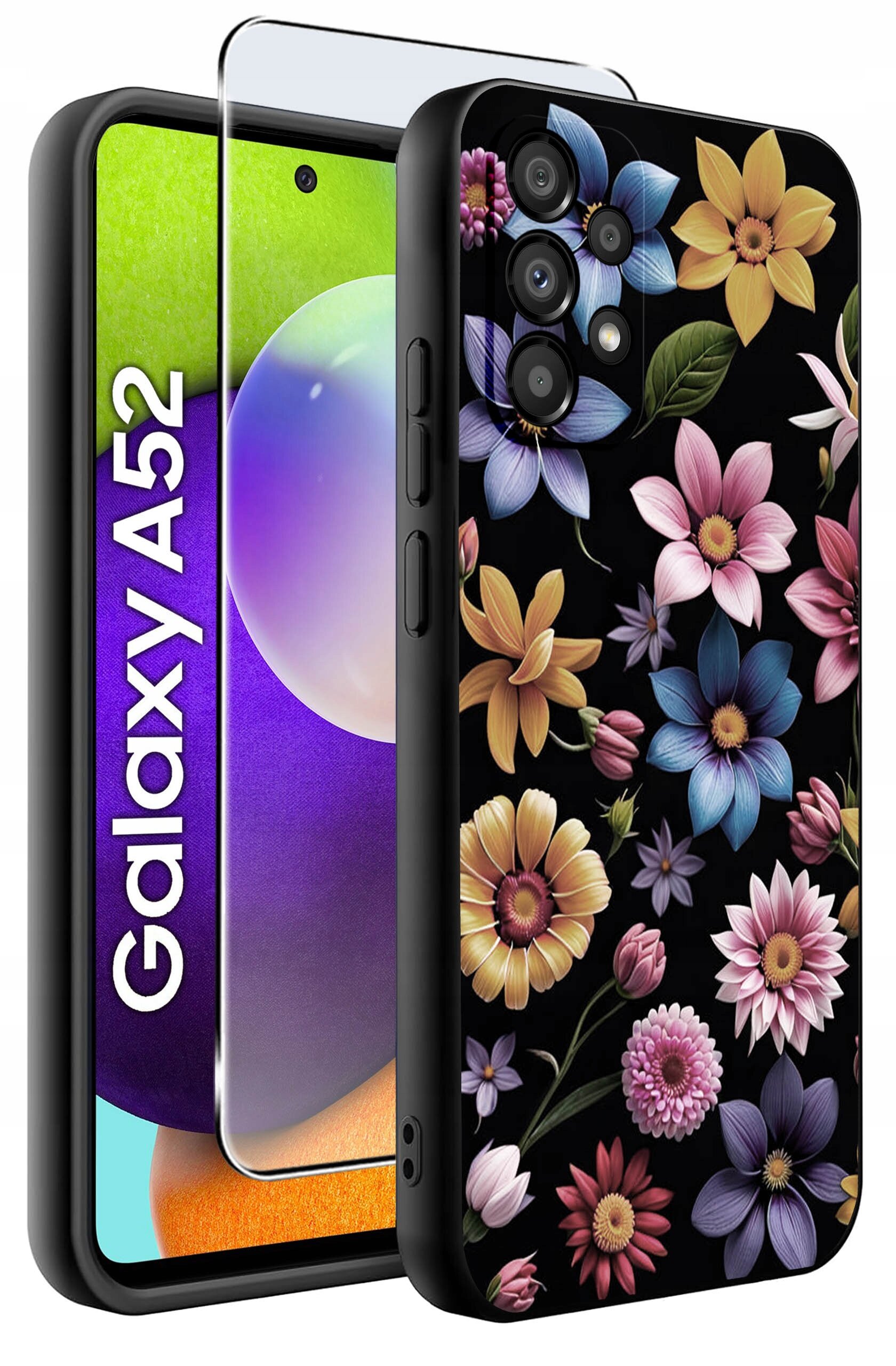 Obraz przedstawia etui na telefon z kolorowym wzorem kwiatowym na czarnym tle oraz szkło ochronne. Obok widoczny jest telefon z napisem \'Galaxy A52\'.