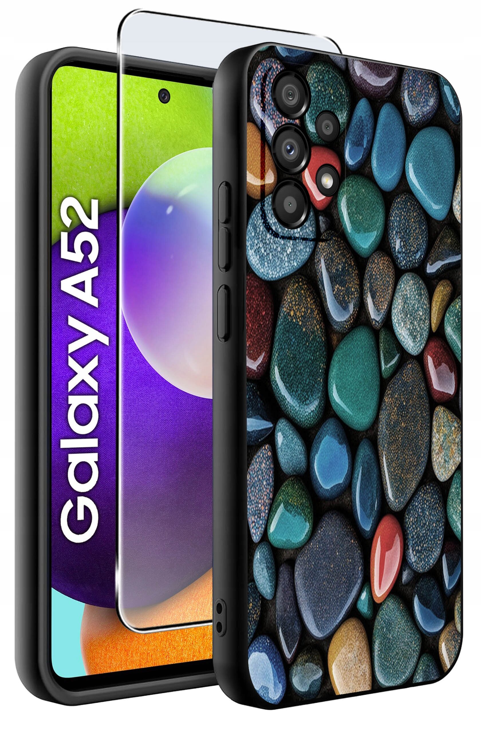 Obraz przedstawia etui na telefon z kolorowym wzorem przypominającym kamienie oraz szkło ochronne. Na ekranie telefonu widoczny jest napis \'Galaxy A52\'.