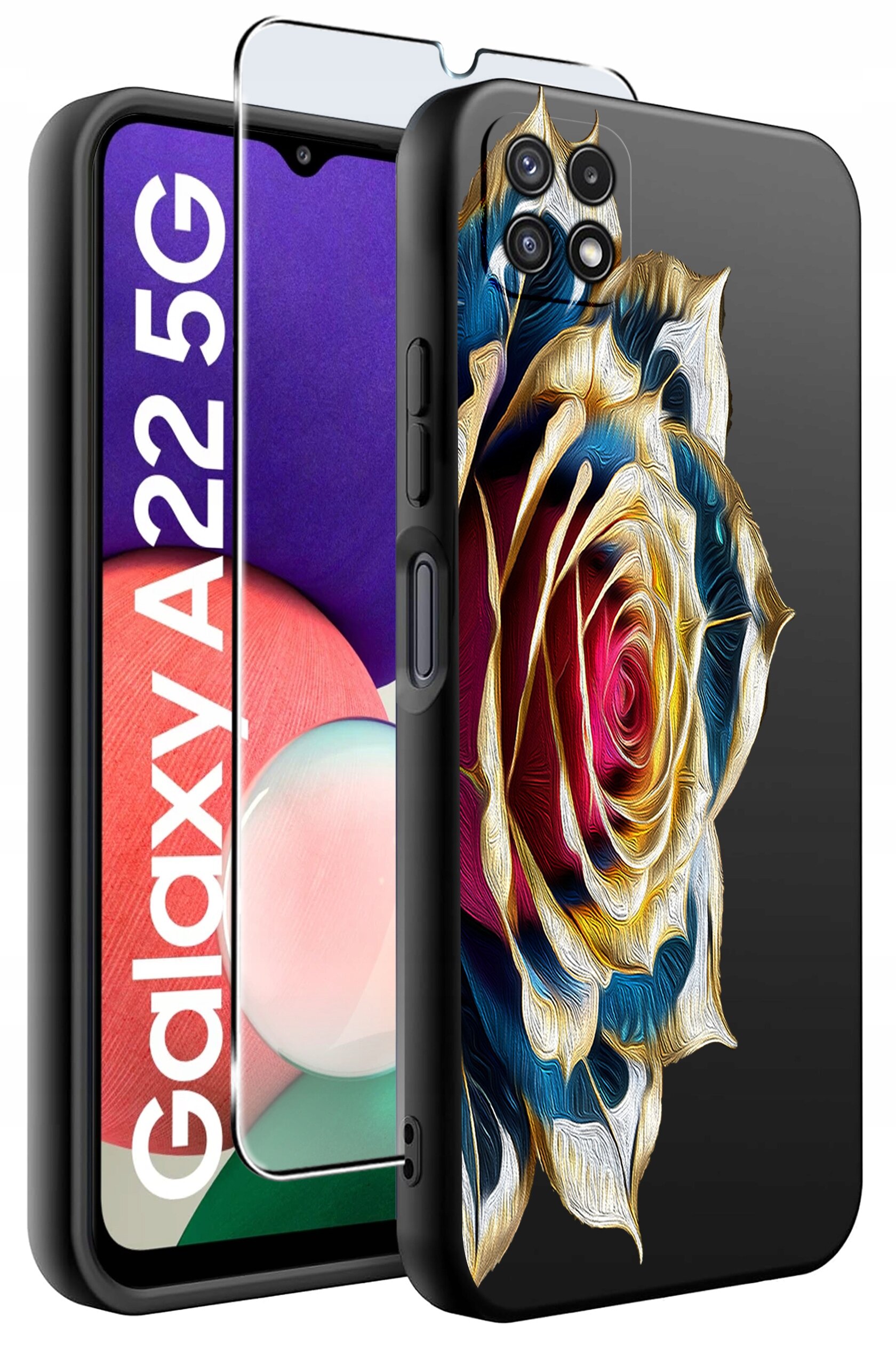 Obraz przedstawia etui na telefon z kolorowym wzorem róży oraz szkło ochronne. Na ekranie telefonu widoczny jest napis \'Galaxy A22 5G\'.