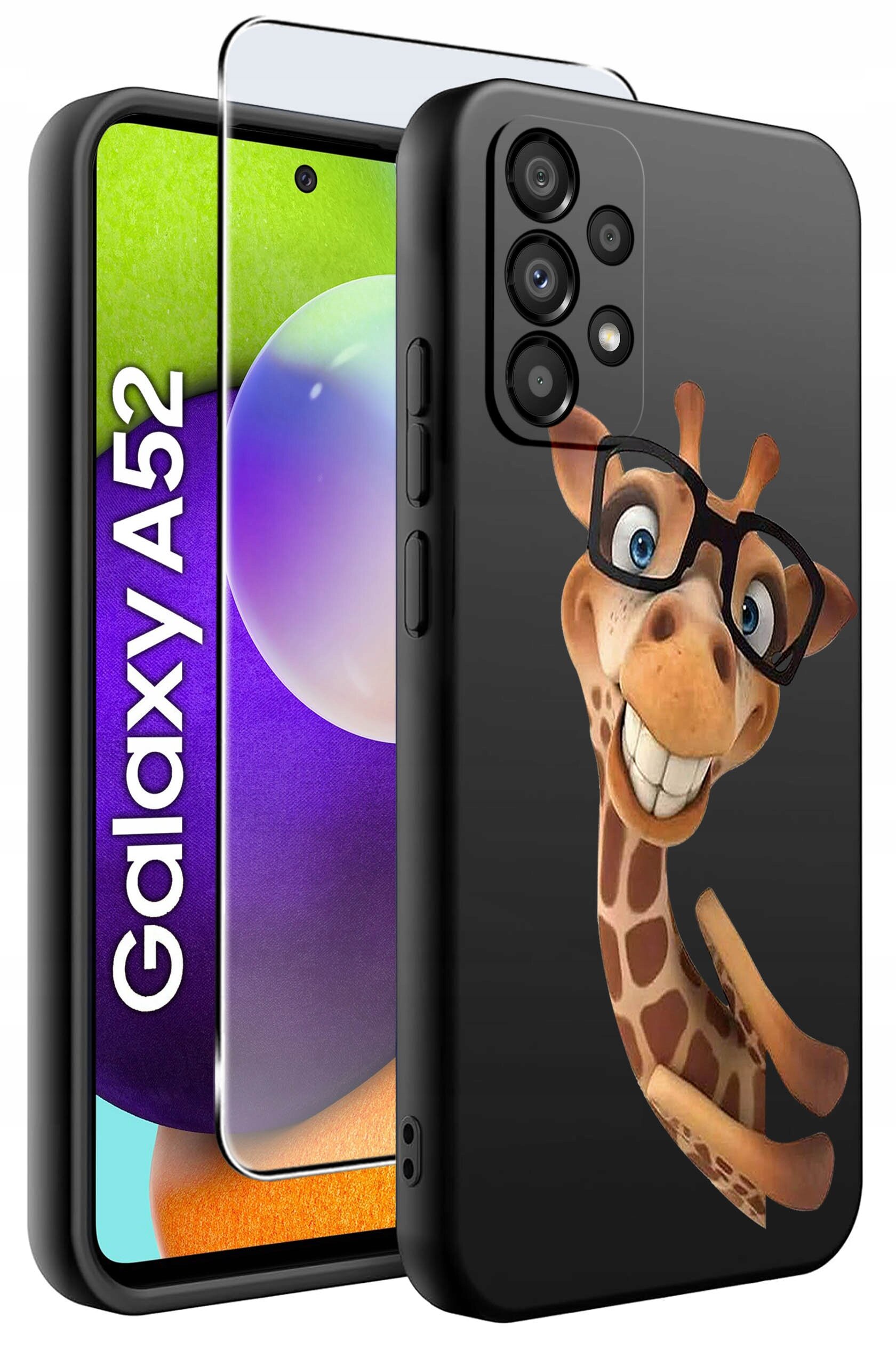 Obraz przedstawia etui na telefon z grafiką uśmiechniętej żyrafy w okularach. Obok etui widoczny jest telefon z napisem \'Galaxy A52\'.