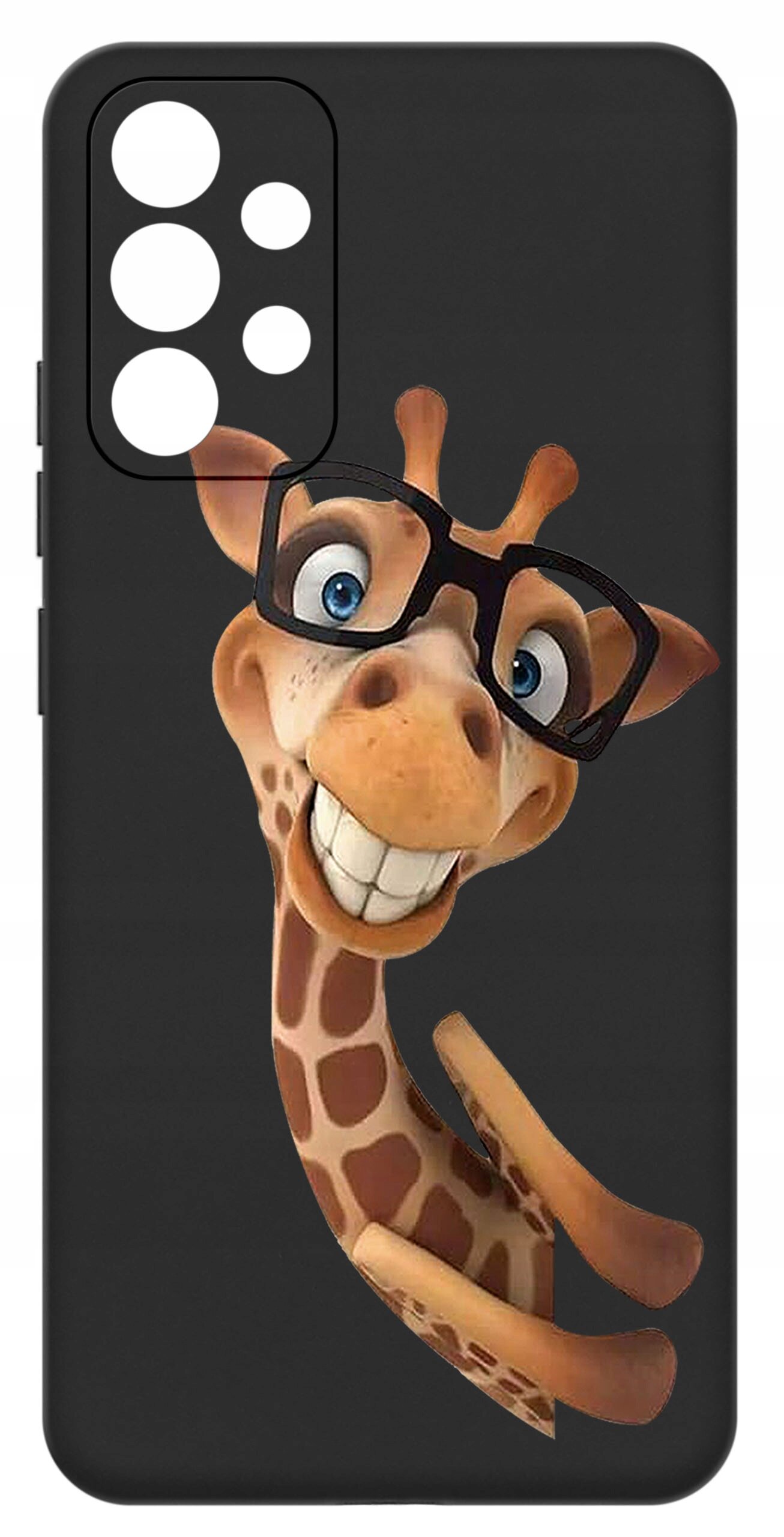 Czarne etui na telefon z nadrukiem uśmiechniętej żyrafy w okularach. Etui posiada wycięcia na aparat i przyciski.