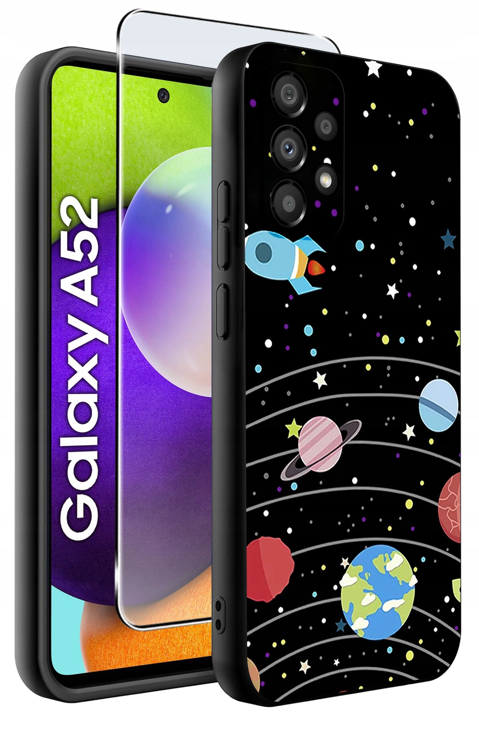 Etui na telefon z motywem kosmosu, przedstawiające planety, gwiazdy i rakietę na czarnym tle. Obok widoczny jest telefon z napisem \'Galaxy A52\'.