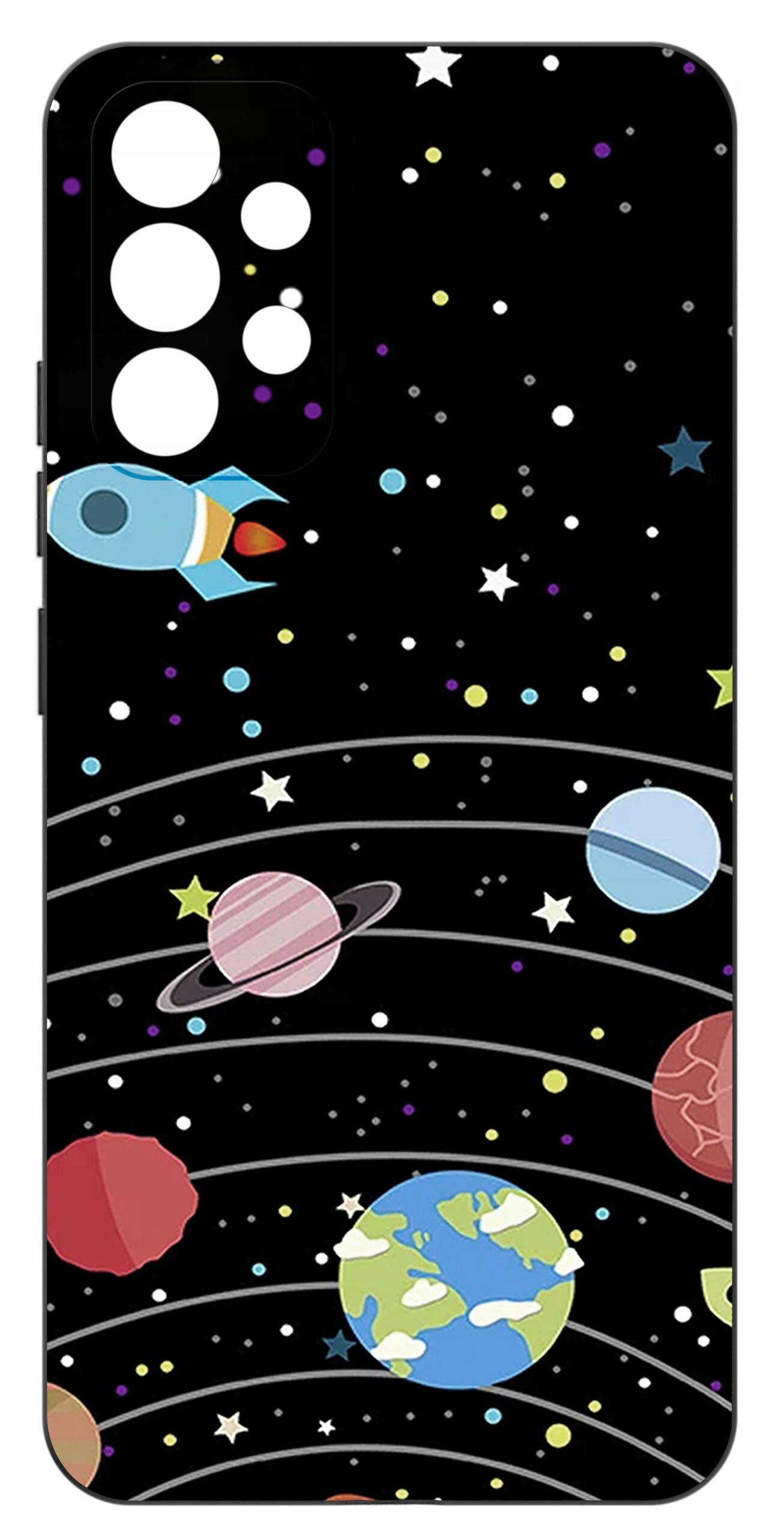 Etui na telefon z motywem kosmosu, przedstawiające planety, rakietę i gwiazdy na czarnym tle.