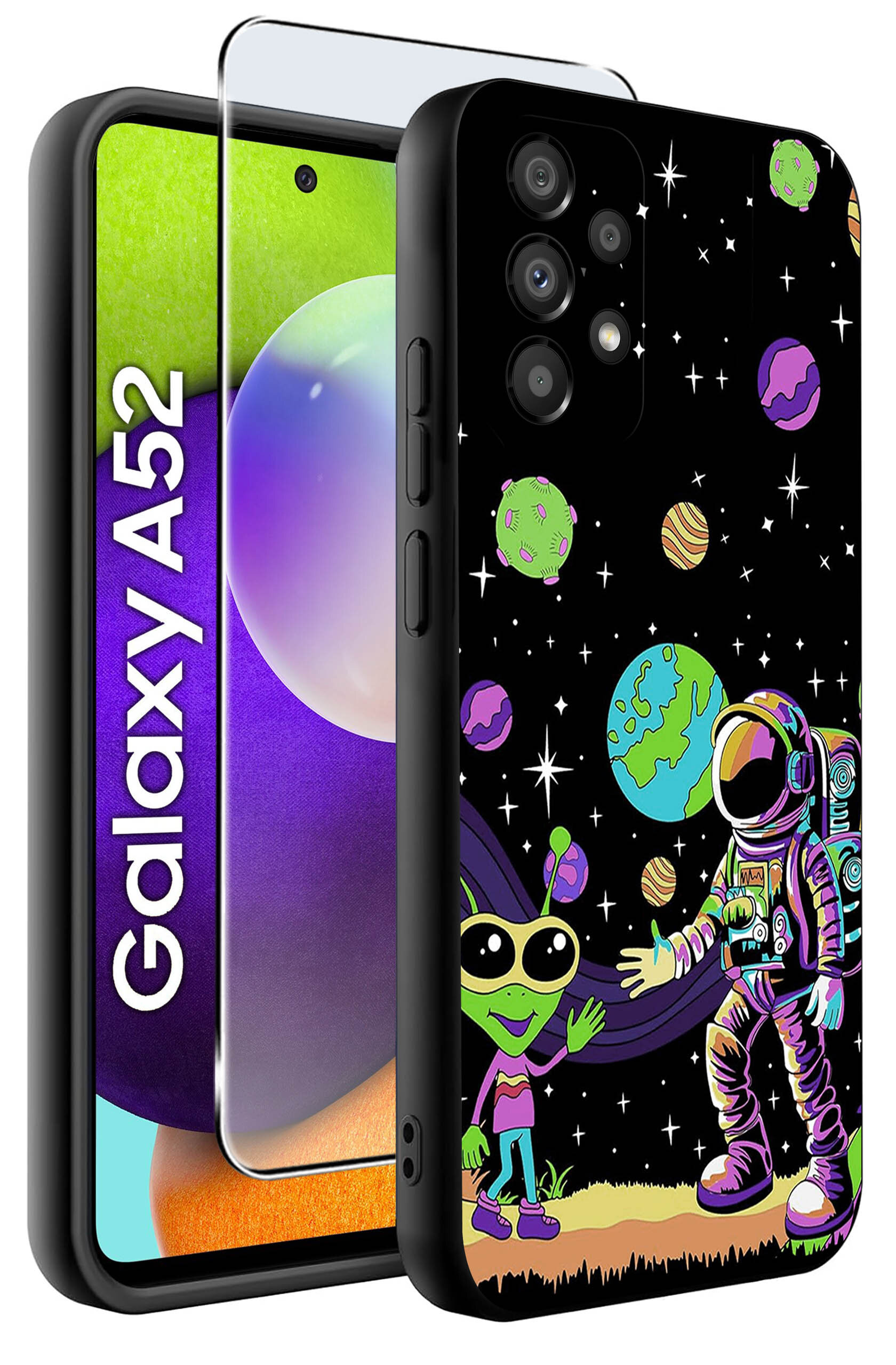 Etui na telefon z kolorowym wzorem przedstawiającym astronautę i kosmitę na tle kosmosu z planetami. Obok widoczny jest telefon z napisem \'Galaxy A52\'.