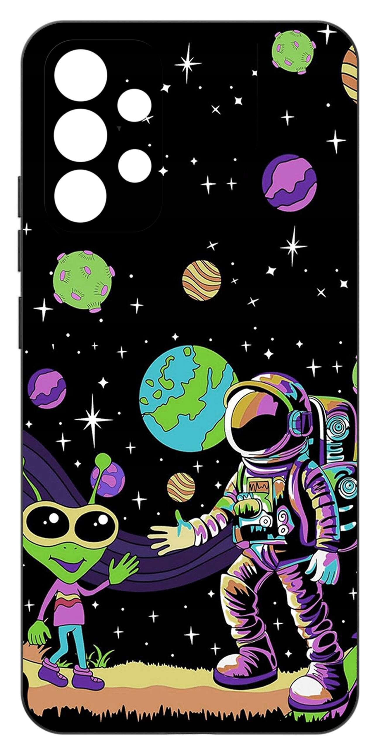Etui na telefon z kolorowym wzorem przedstawiającym astronautę i zielonego kosmitę na tle kosmosu z planetami i gwiazdami.