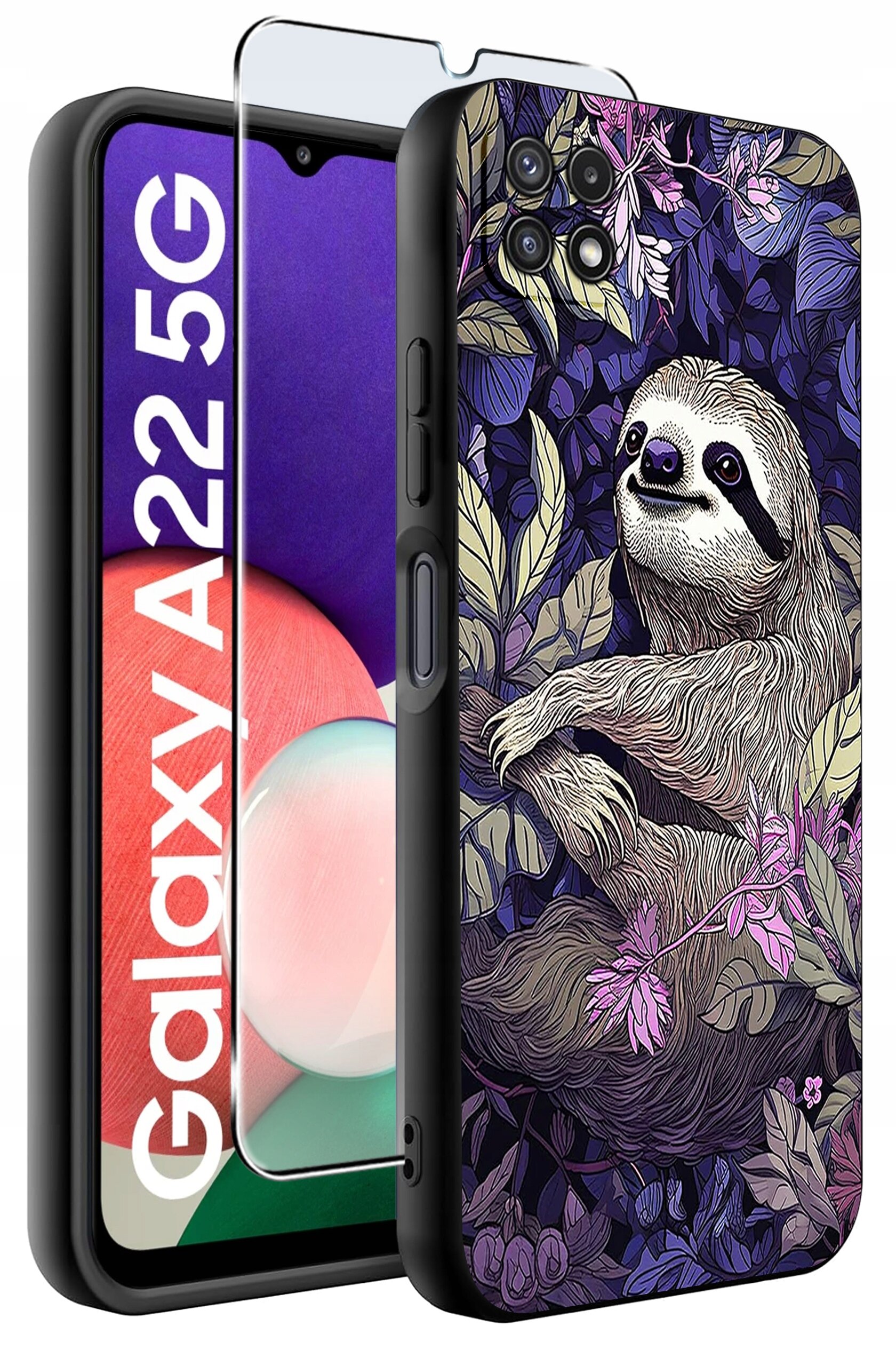 Etui na telefon z motywem leniwca wśród liści, obok szkło ochronne. Na ekranie telefonu widoczny napis \'Galaxy A22 5G\'.