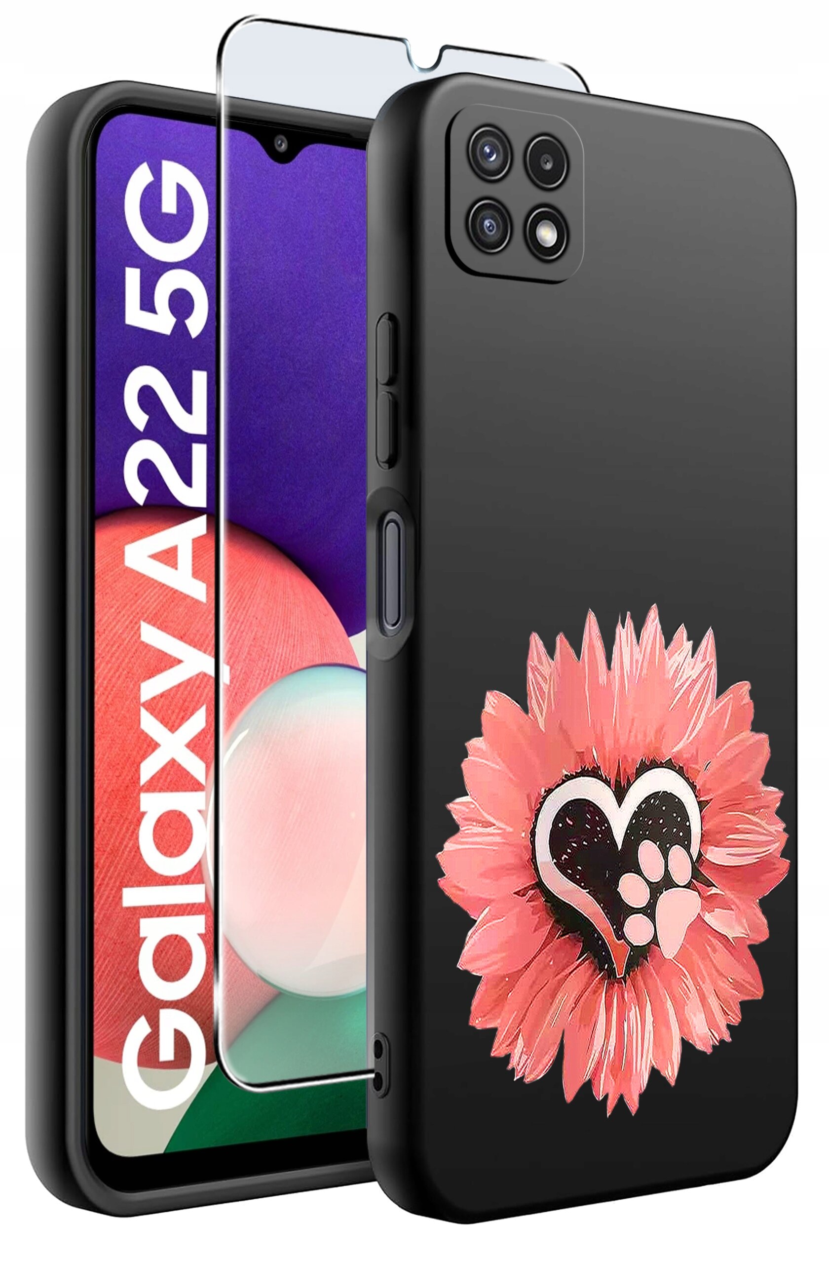Obraz przedstawia czarne etui na telefon z różowym kwiatem i sercem na tylnej części. Obok znajduje się szkło ochronne, a na ekranie telefonu widoczny jest napis \'Galaxy A22 5G\'.