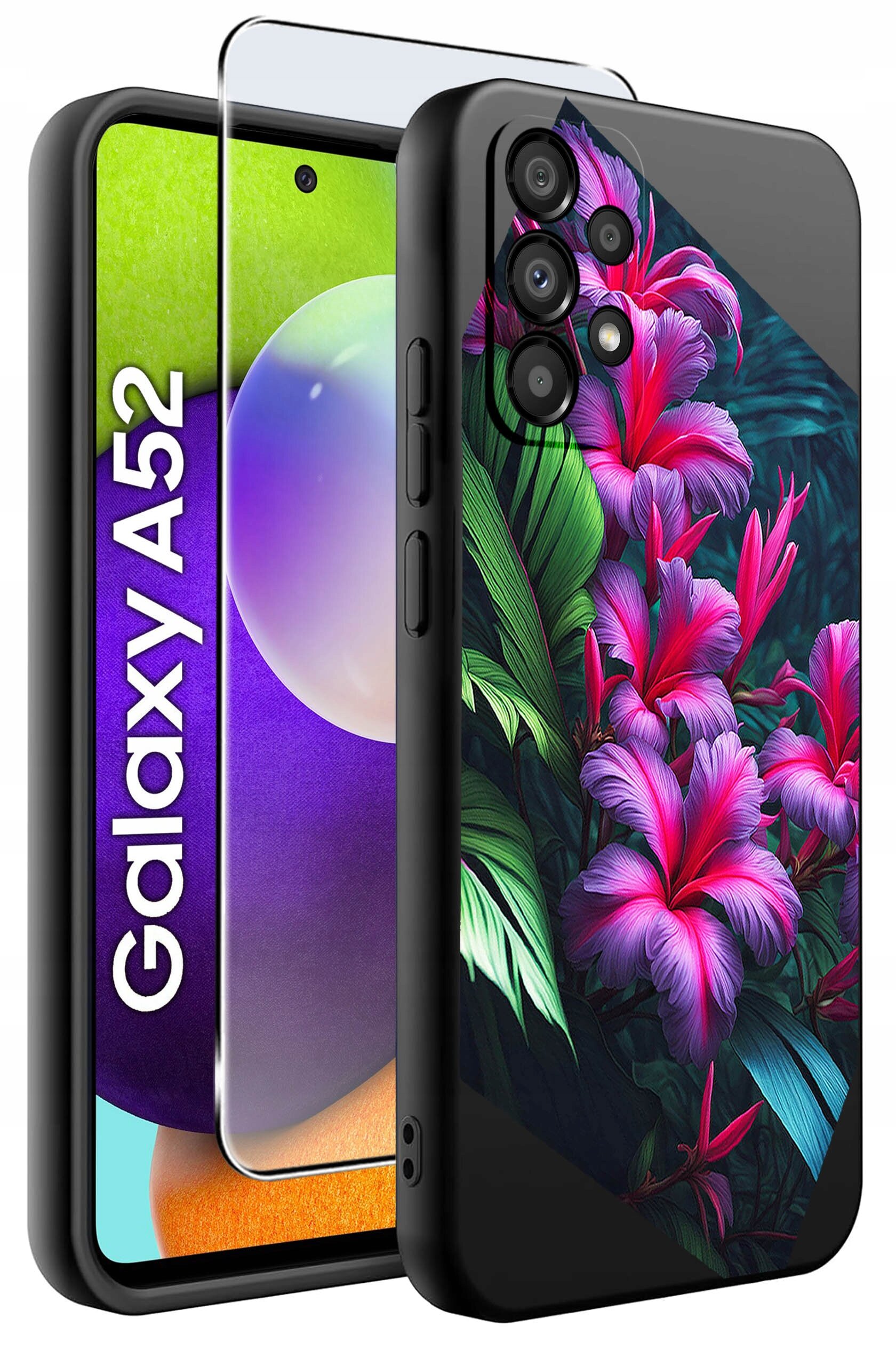 Obraz przedstawia etui na telefon z kolorowym wzorem kwiatowym oraz szkło ochronne. Na ekranie telefonu widoczny jest napis \'Galaxy A52\'.