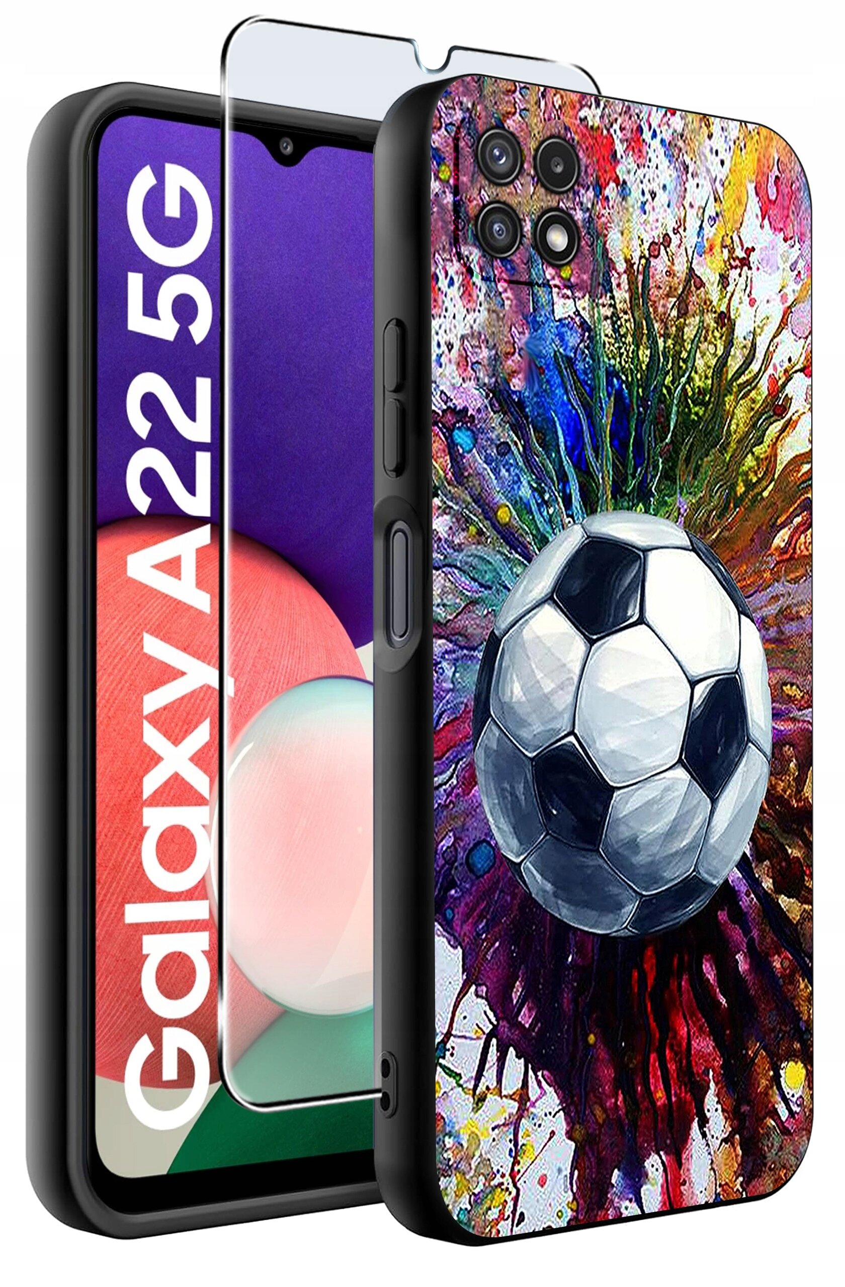Obraz przedstawia etui na telefon z kolorowym wzorem piłki nożnej oraz szkło ochronne. Na ekranie telefonu widoczny jest napis \'Galaxy A22 5G\'.