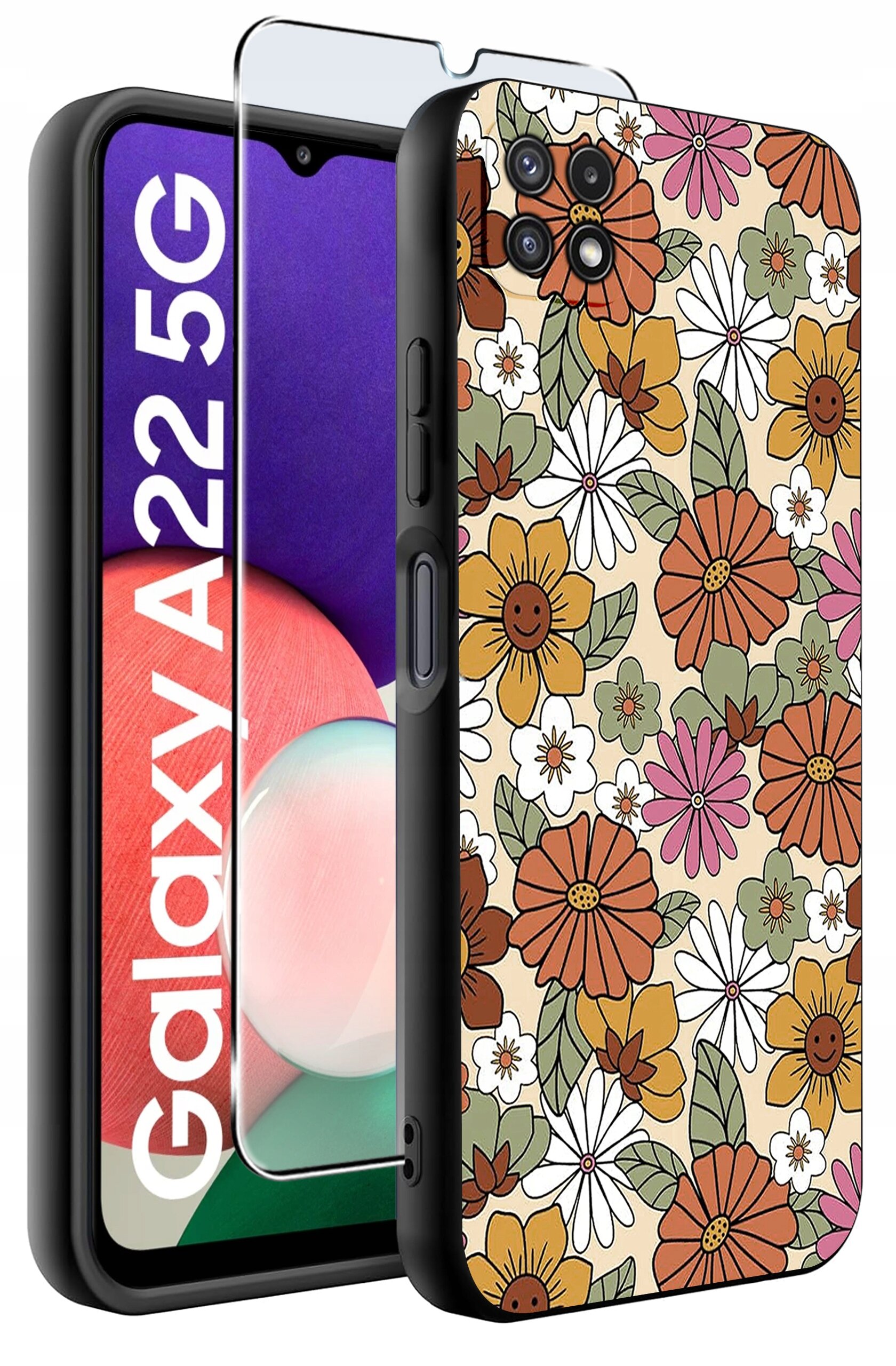 Obraz przedstawia etui na telefon z kolorowym wzorem kwiatowym oraz szkło ochronne. Na ekranie telefonu widoczny jest napis \'Galaxy A22 5G\'.