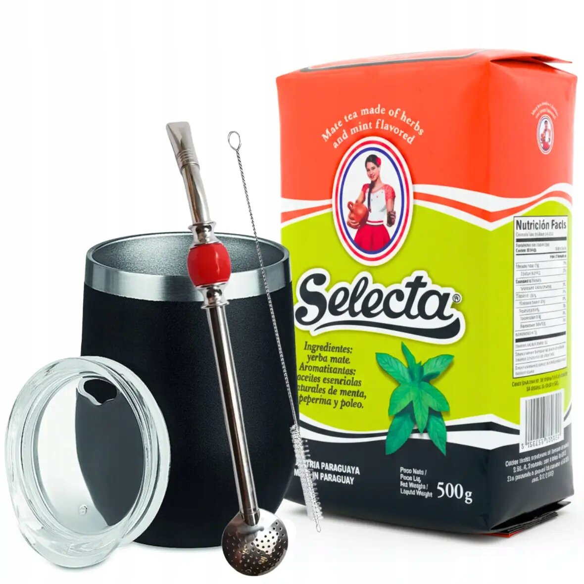 Na obrazie widoczny jest zestaw do yerba mate, w skład którego wchodzi czarne matero z metalowym obrzeżem, bombilla oraz opakowanie yerba mate Selecta o smaku miętowym. Opakowanie ma czerwono-zieloną kolorystykę z logo i napisem \'Selecta\'.