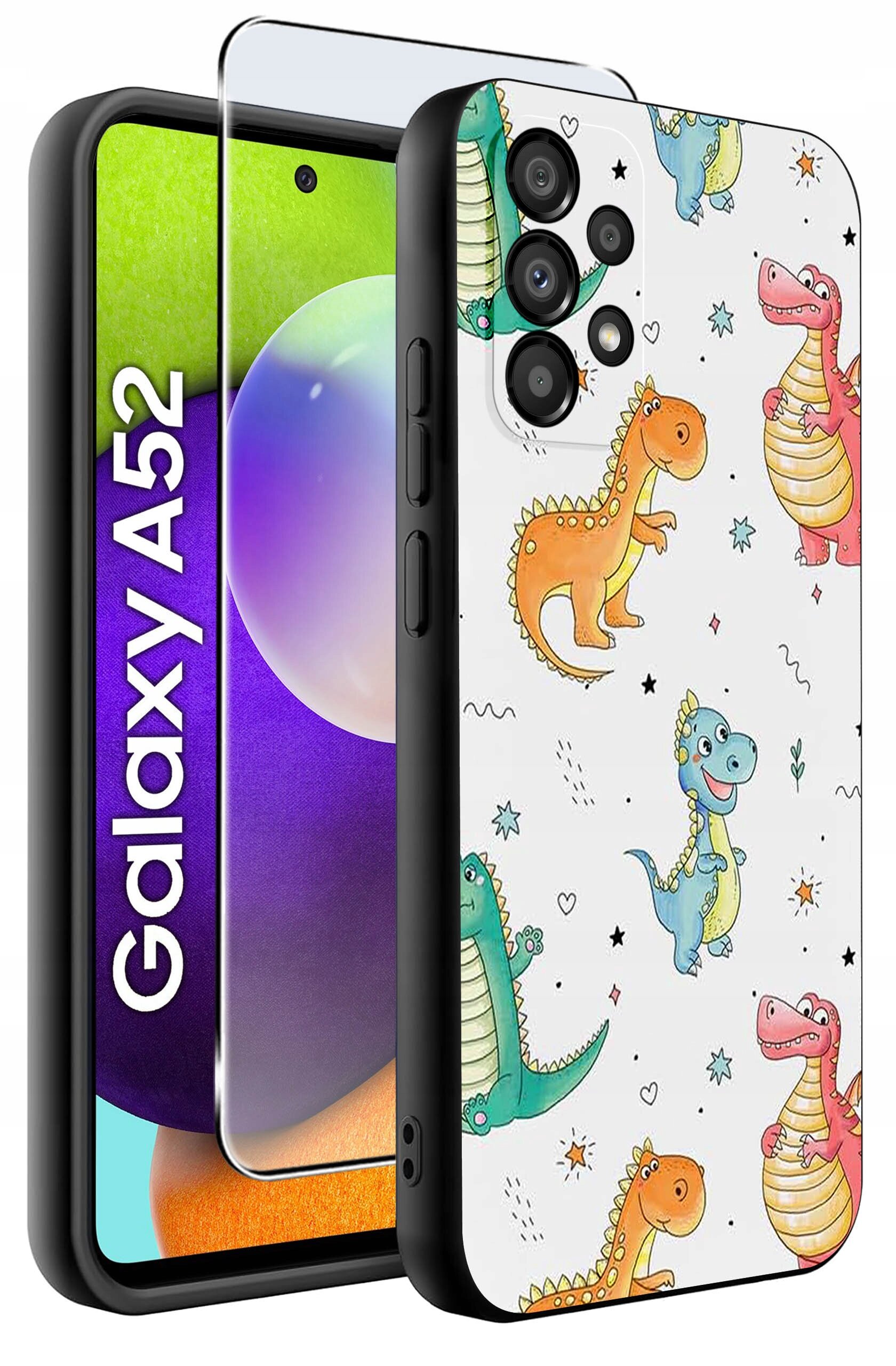 Etui na telefon z kolorowymi wzorami dinozaurów oraz szkło ochronne na ekran. Widoczny napis: \'Galaxy A52\'.