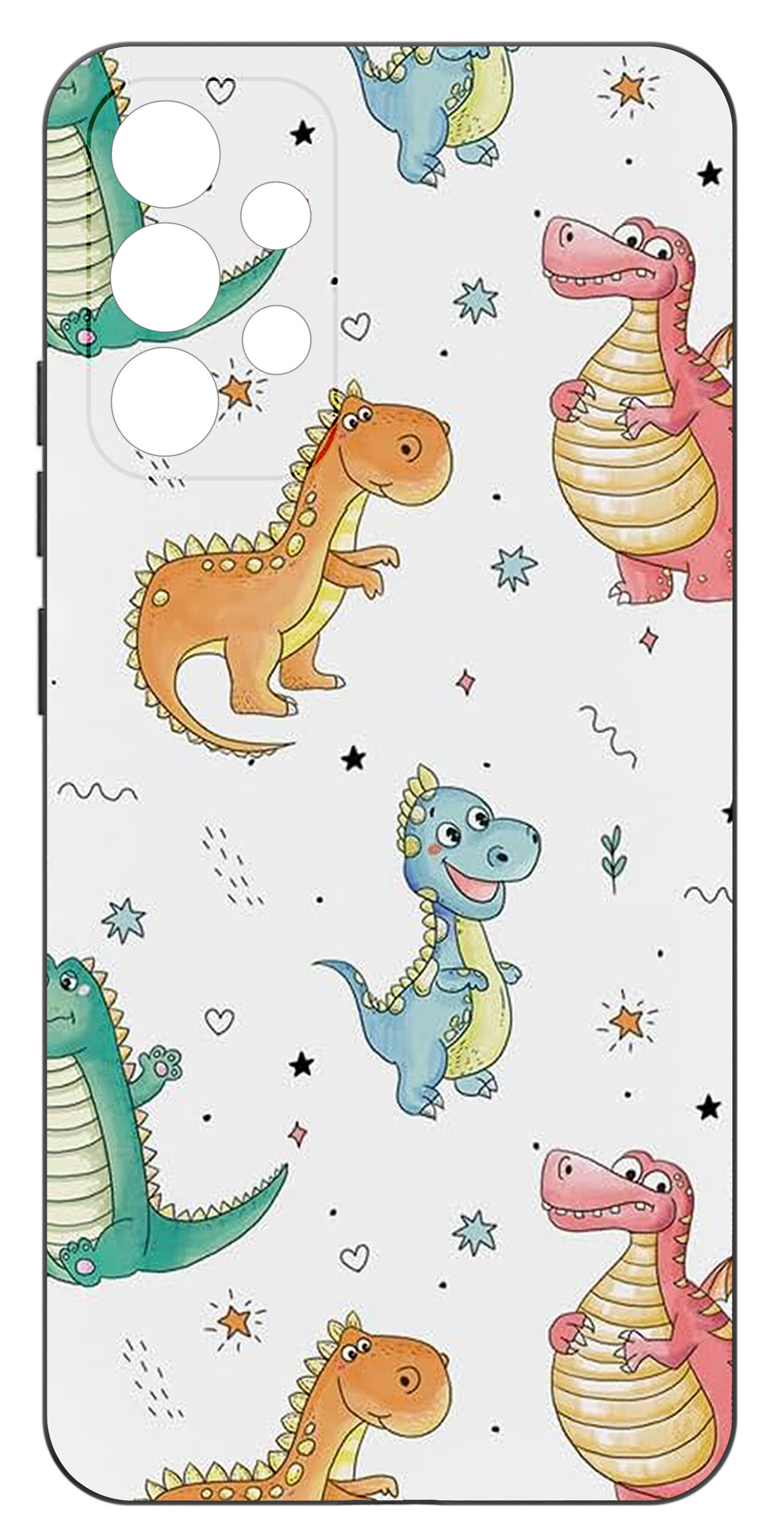Etui na telefon z kolorowym wzorem przedstawiającym uśmiechnięte dinozaury na białym tle. Wzór zawiera różne kolory dinozaurów oraz małe gwiazdki i serduszka.