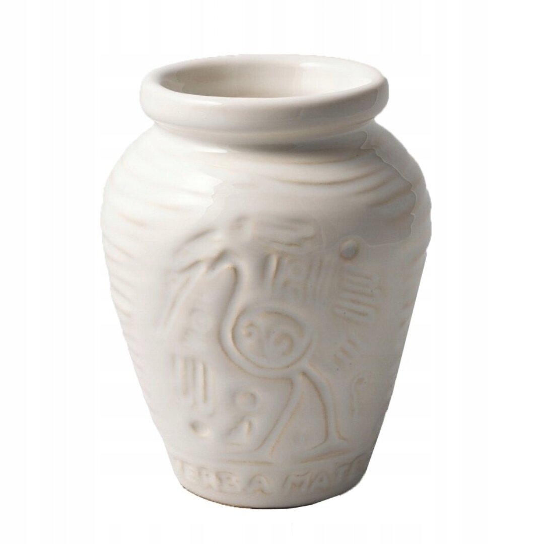 Białe ceramiczne naczynie o gładkiej powierzchni z delikatnymi wzorami i napisem \'YERBA MATE\' na dole.