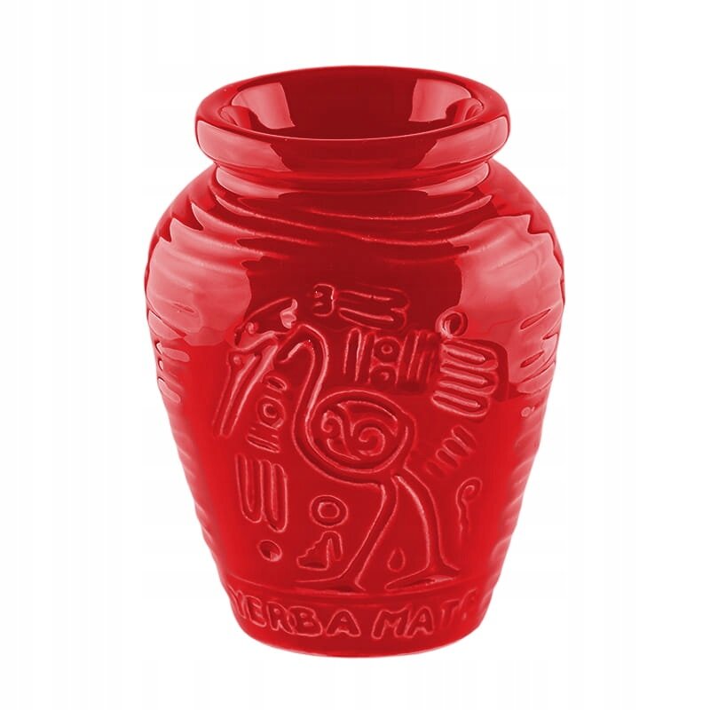 Czerwone ceramiczne matero z wygrawerowanymi azteckimi wzorami i napisem \'Yerba Mate\' na dole.