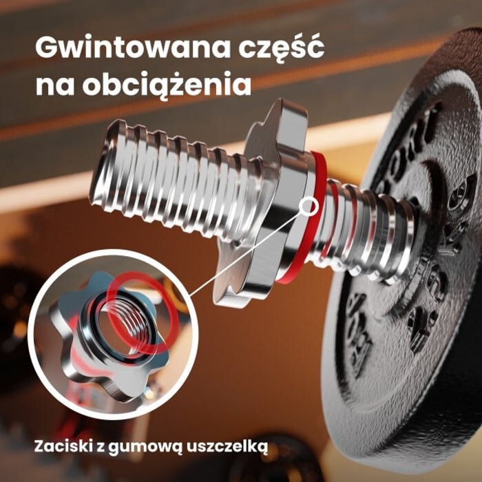 Obraz przedstawia metalowy gryf z gwintowaną częścią na obciążenia oraz zaciski z gumową uszczelką. Widoczny jest tekst: \'Gwintowana część na obciążenia\' oraz \'Zaciski z gumową uszczelką\'.