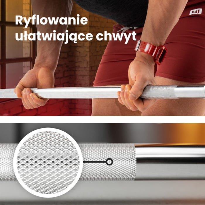 Osoba trzyma gryf łamany z ryflowaniem, co ułatwia chwyt. Na obrazie widoczny jest tekst: \'Ryflowanie ułatwiające chwyt\'.