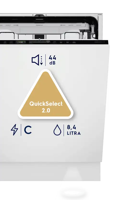 Zmywarka z otwartym panelem, na którym widoczne są symbole: głośnik z napisem \'42 dB\', trójkąt z napisem \'QuickSelect 2.0\', błyskawica z literą \'B\', oraz kropla z napisem \'8,4 LITRA\'.