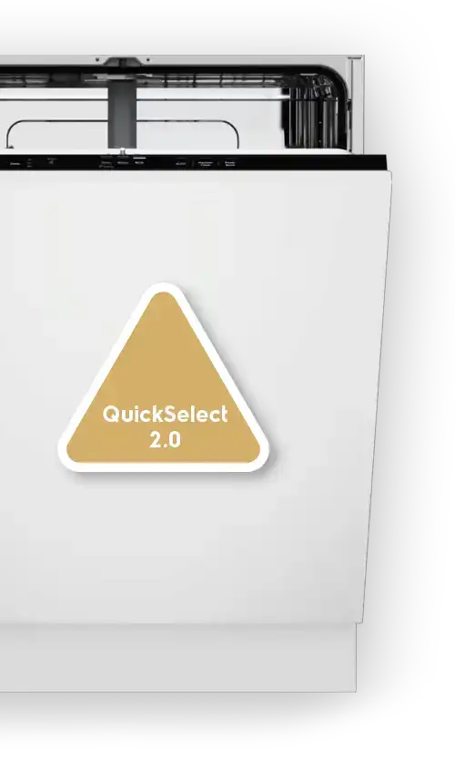 Na obrazie widoczna jest biała zmywarka z otwartym panelem sterowania. Na drzwiach znajduje się trójkątny symbol z napisem \'QuickSelect 2.0\'.