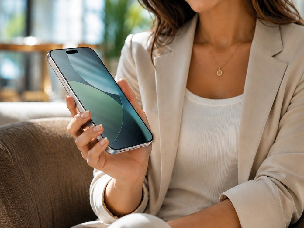 Osoba trzyma smartfon z dużym ekranem, na którym widoczny jest abstrakcyjny wzór. Osoba ubrana jest w jasną marynarkę i biały top.