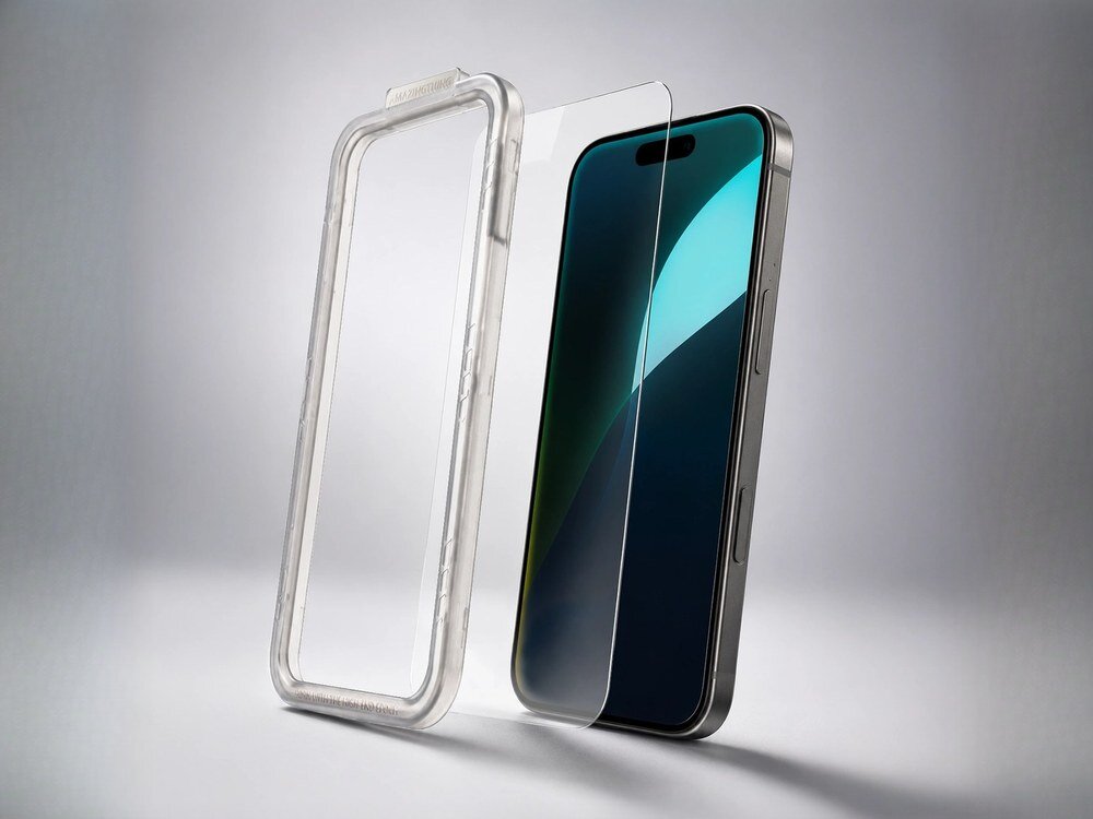 Obraz przedstawia szkło hartowane oraz smartfon z wyświetlaczem. Szkło jest przezroczyste i znajduje się obok telefonu, który ma ciemny ekran z widocznym gradientem kolorów.