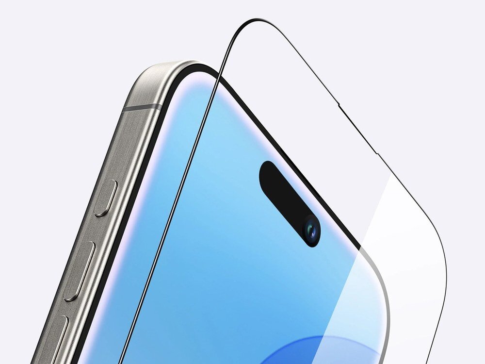 Obraz przedstawia smartfon z nałożonym szkłem hartowanym, które jest przezroczyste i dopasowane do ekranu urządzenia. Widać metalowe przyciski boczne oraz wycięcie na kamerę i czujniki.