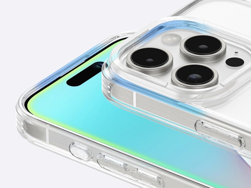 Przezroczyste etui AmazingThing Minimal Case na iPhone 16 Pro widziane od tyłu z efektem tęczowego odbicia światła na ekranie, zbliżenie na moduł aparatu i narożnik.