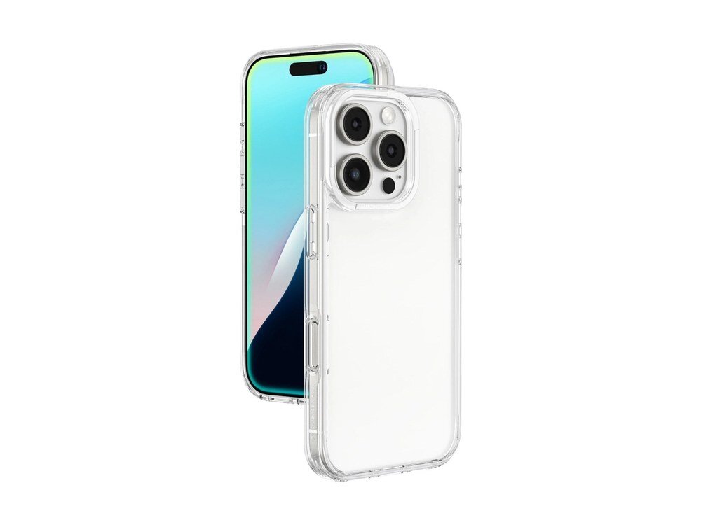 Przezroczyste etui AmazingThing Minimal Case na iPhone 16 Pro widok z przodu i z tyłu na białym tle.
